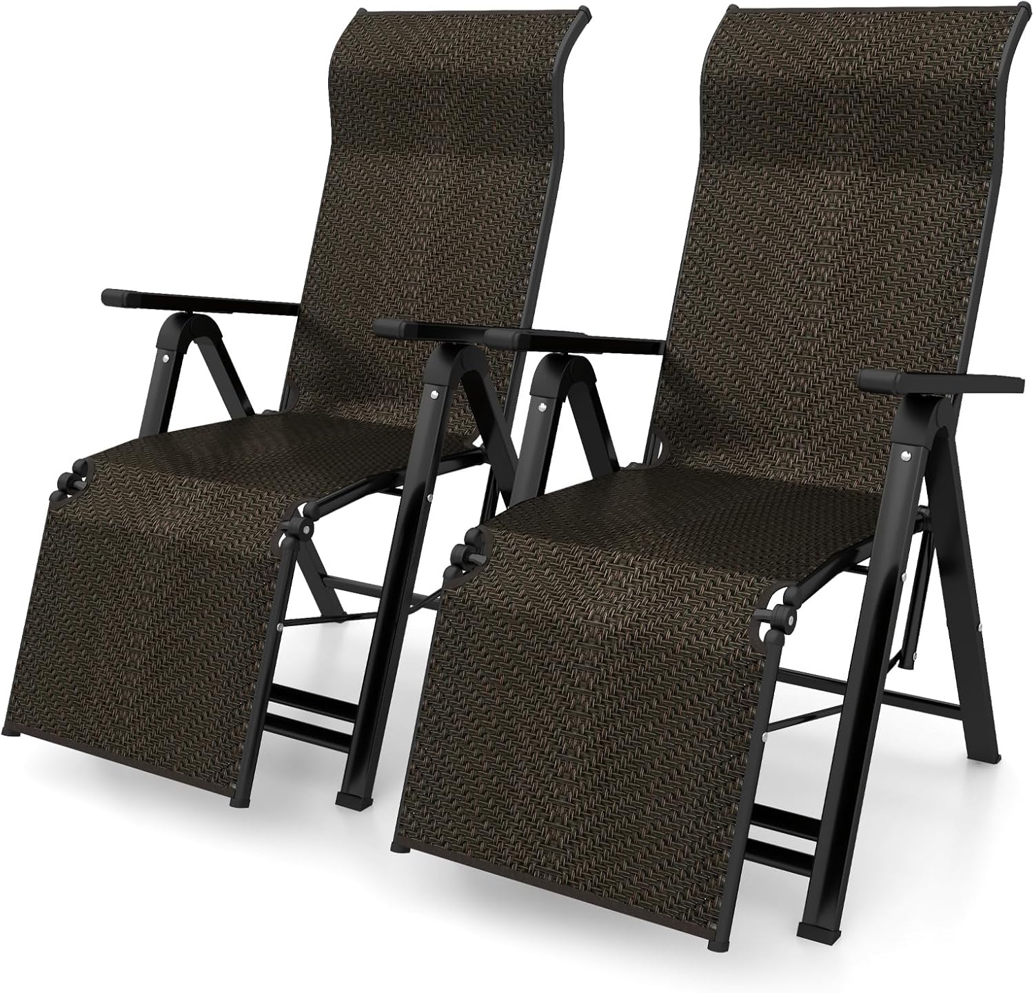 Zestaw 2 Składanych Leżaków Ogrodowych z Rattanu PE do Opalania, Oparcie i Podnóżek Regulowane w 10 Pozycjach, Nośność 150 kg, Brązowe