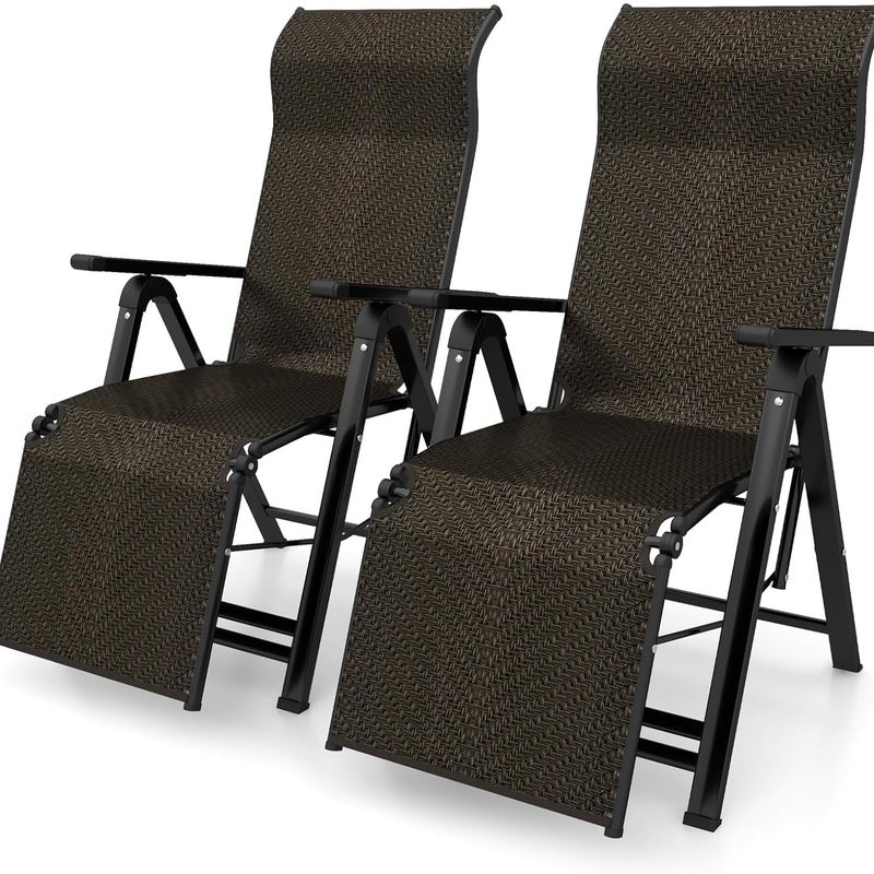 Zestaw 2 Składanych Leżaków Ogrodowych z Rattanu PE do Opalania, Oparcie i Podnóżek Regulowane w 10 Pozycjach, Nośność 150 kg, Brązowe
