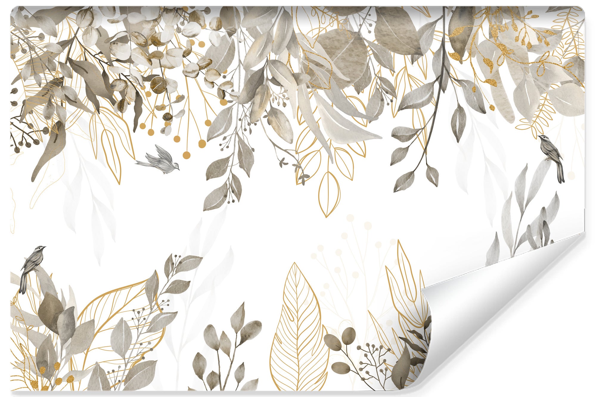 Papel pintado no tejido foto hojas pájaros naturaleza para salón 360cm x 240cm