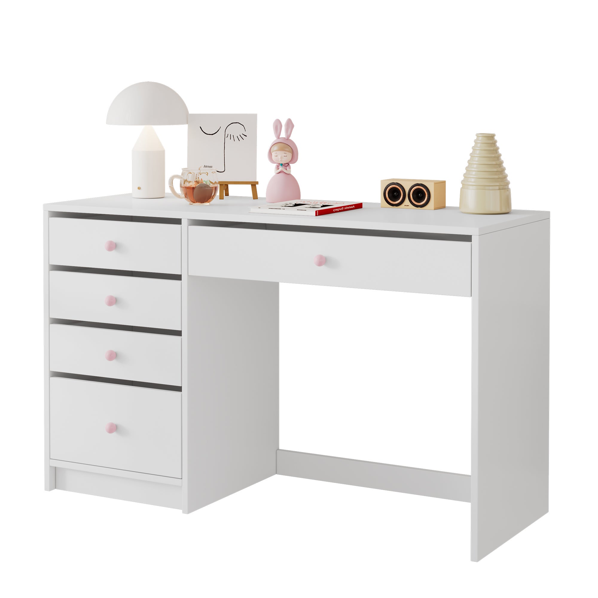 Bureau avec 5 tiroirs - 120 x 45 x 74 cm - MDF et poignées en céramique rose - Blanc - 6