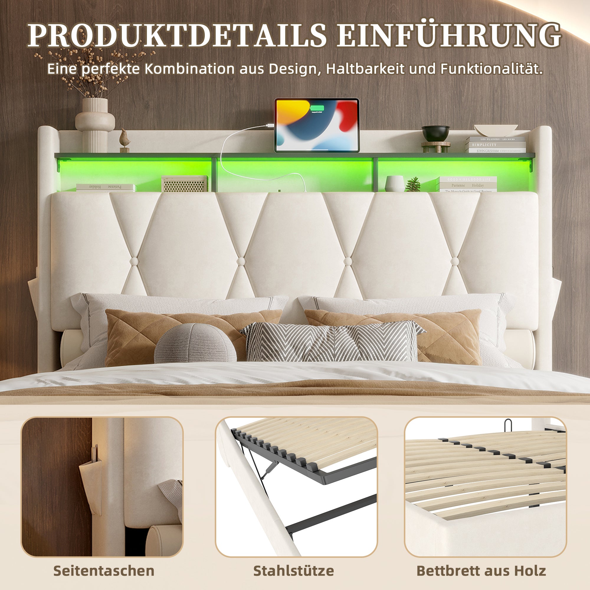 Lit coffre 140x200 cm avec LED, ports USB-C, tête de lit avec rangements, ouverture hydraulique, sans matelas, beige - 7