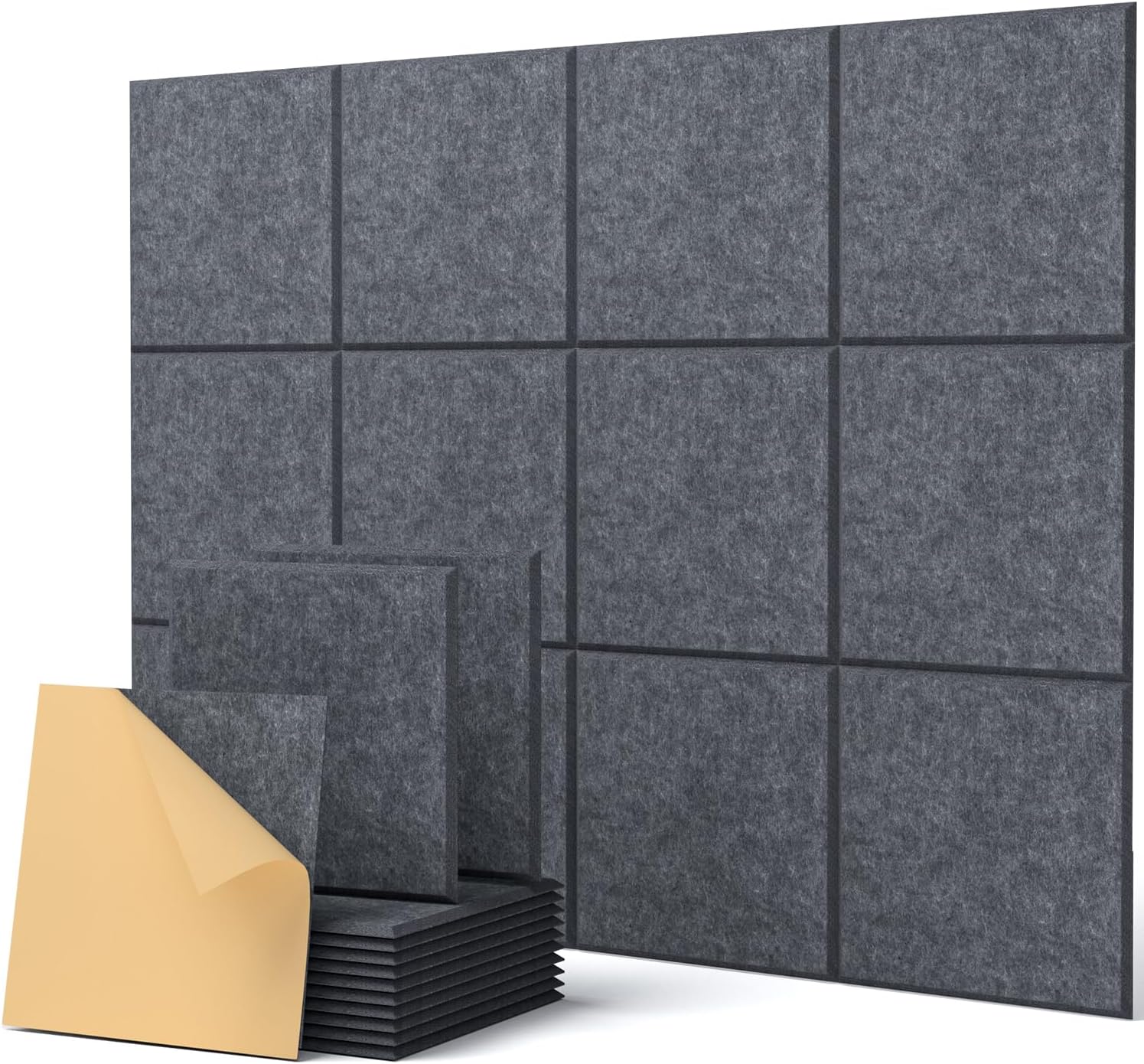 Kwadratowe panele akustyczne ścienne, samoprzylepne, 30 cm x 30 cm x 9 mm, ciemnoszare, do studiów, sypialni i apartamentów, opakowanie 22 szt.