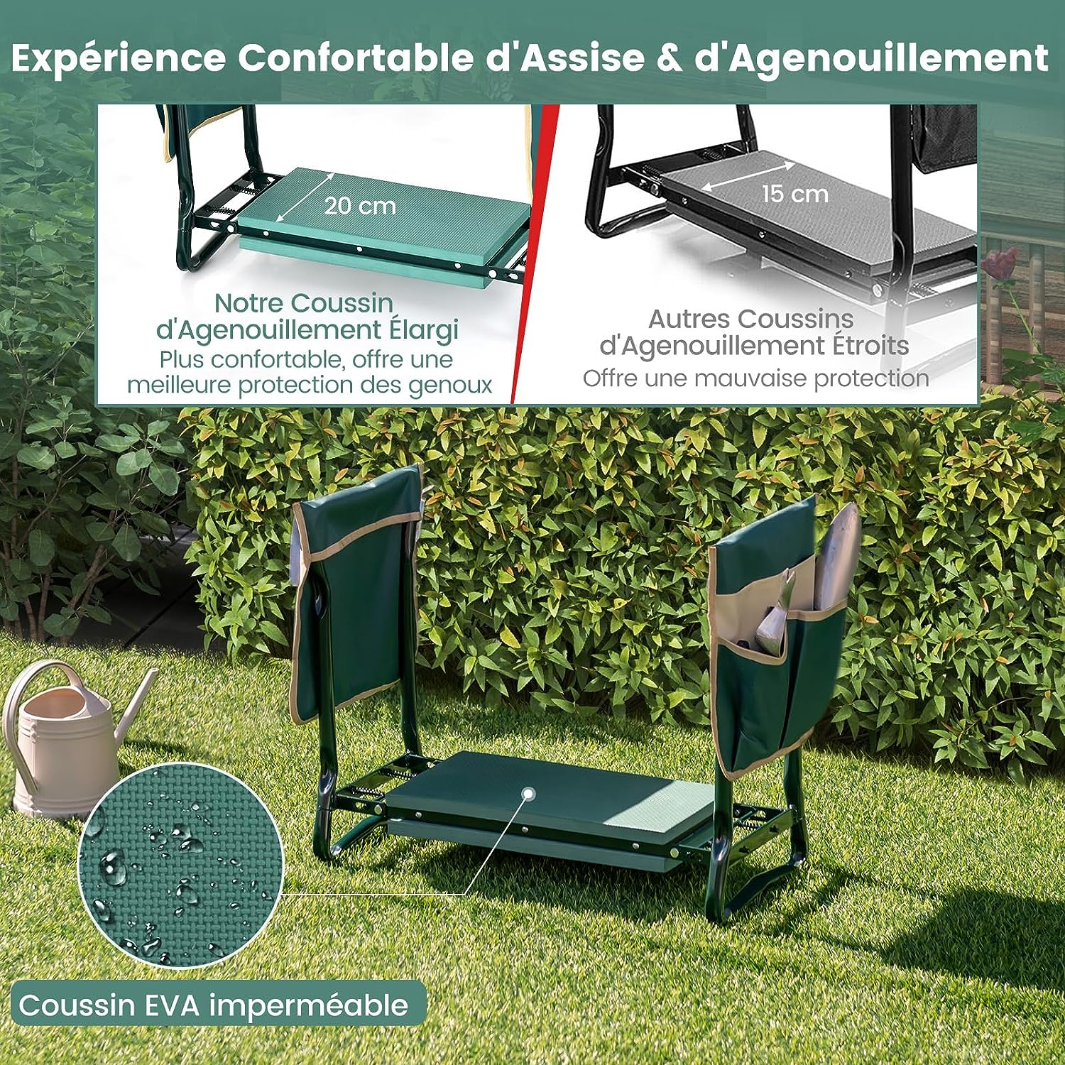 Tabouret de Jardinage Pliable avec Coussin EVA, Genouillère de Jardin, Cadre en Métal avec 2 Grande Pochette à Outils Charge 150KG - 4