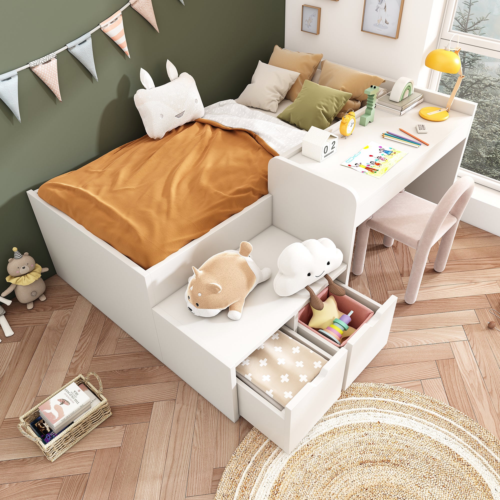 Divano letto in legno per bambini - 90 x 200 cm - con ripiano