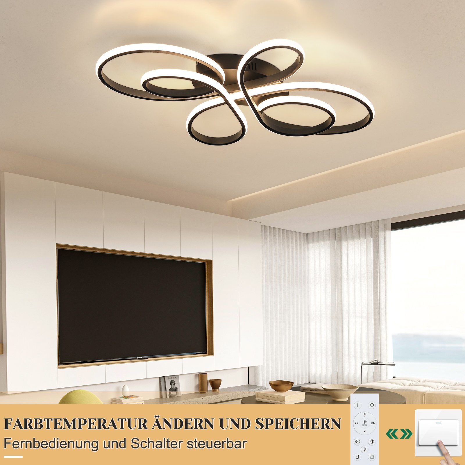 NETTLIFE Czarna lampa sufitowa LED ściemnialna 80 cm Salon 78 W Nowoczesna sypialnia z pilotem Idealny projekt do jadalni Biura Kuchni - 4