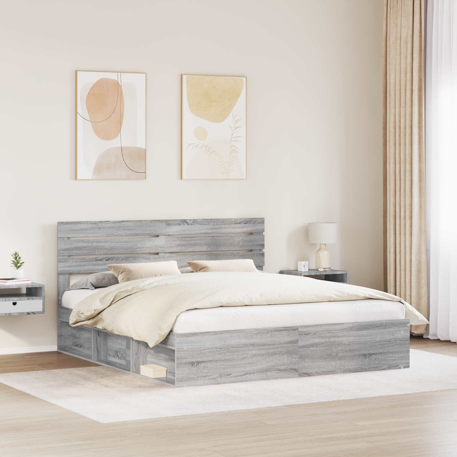 Cadre de lit gris en pin massif pour la chambre, 200 × 200 cm - 3