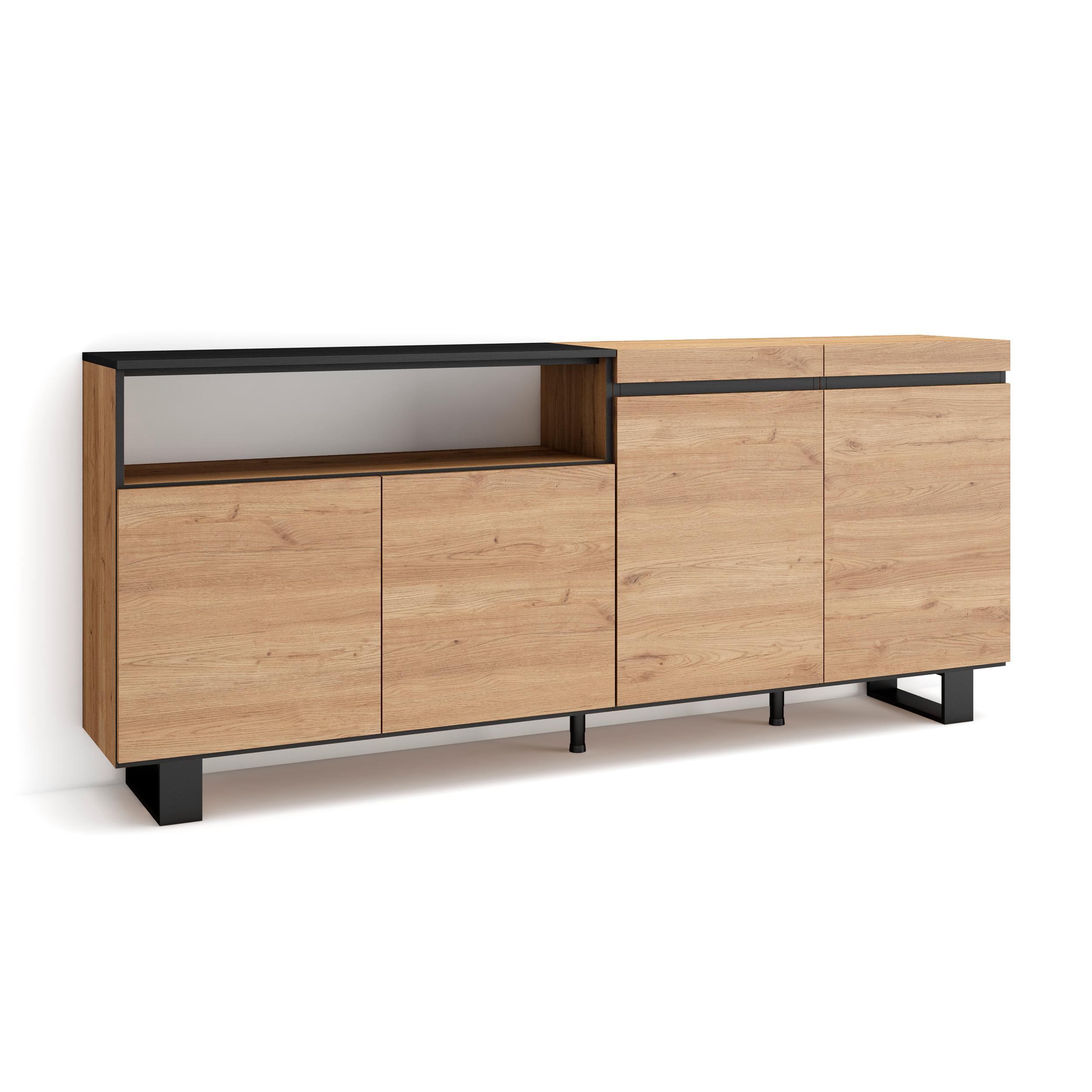 IDMarket Buffet Alto Detroit 176 Cm - 4 Puertas, Diseño Industrial, Con Vidrio Y Estantes Ajustables
