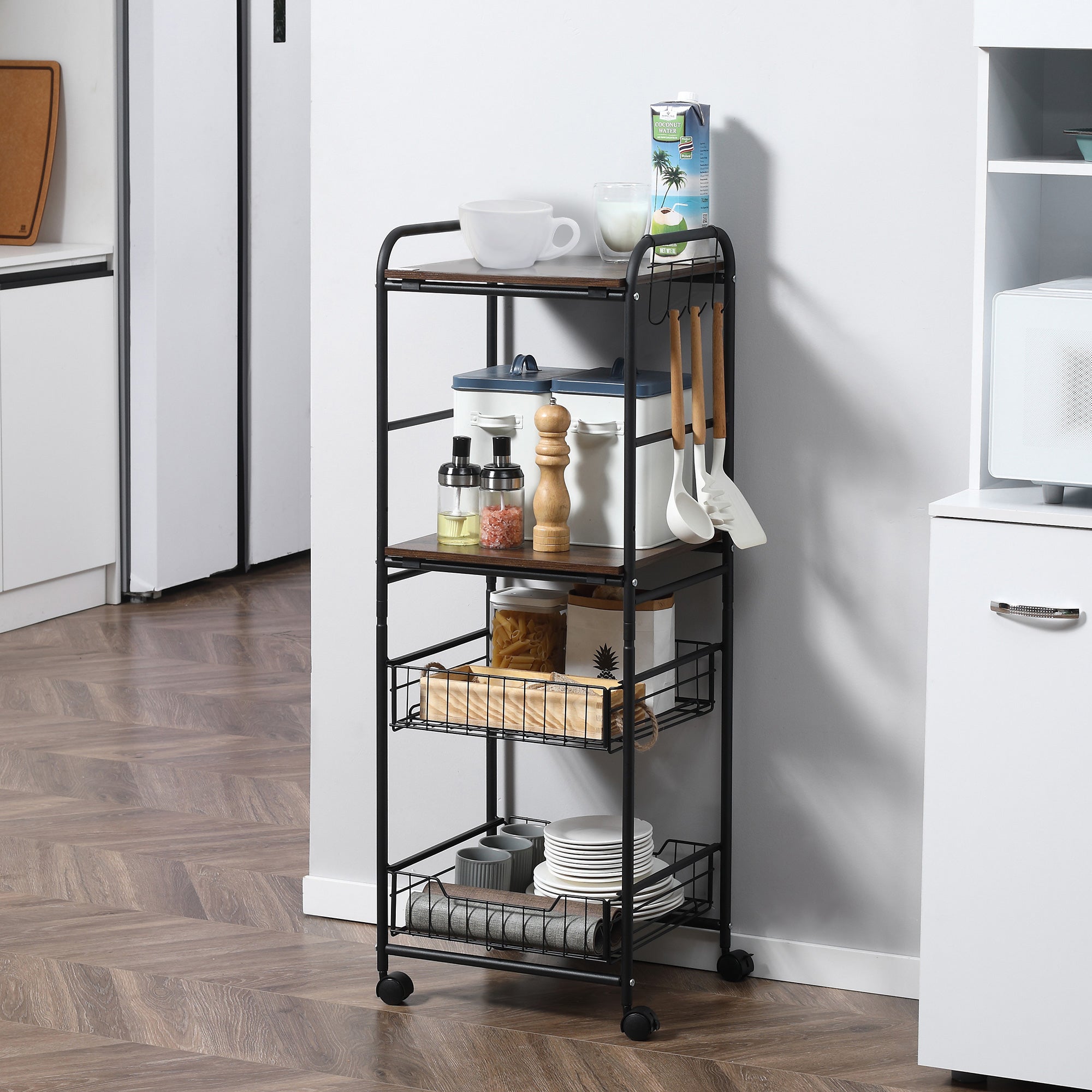 Homcom Carro De Cocina Con Estantes Cestas 40X38x111 Cm Nogal Y Negro , Leroy Merlin