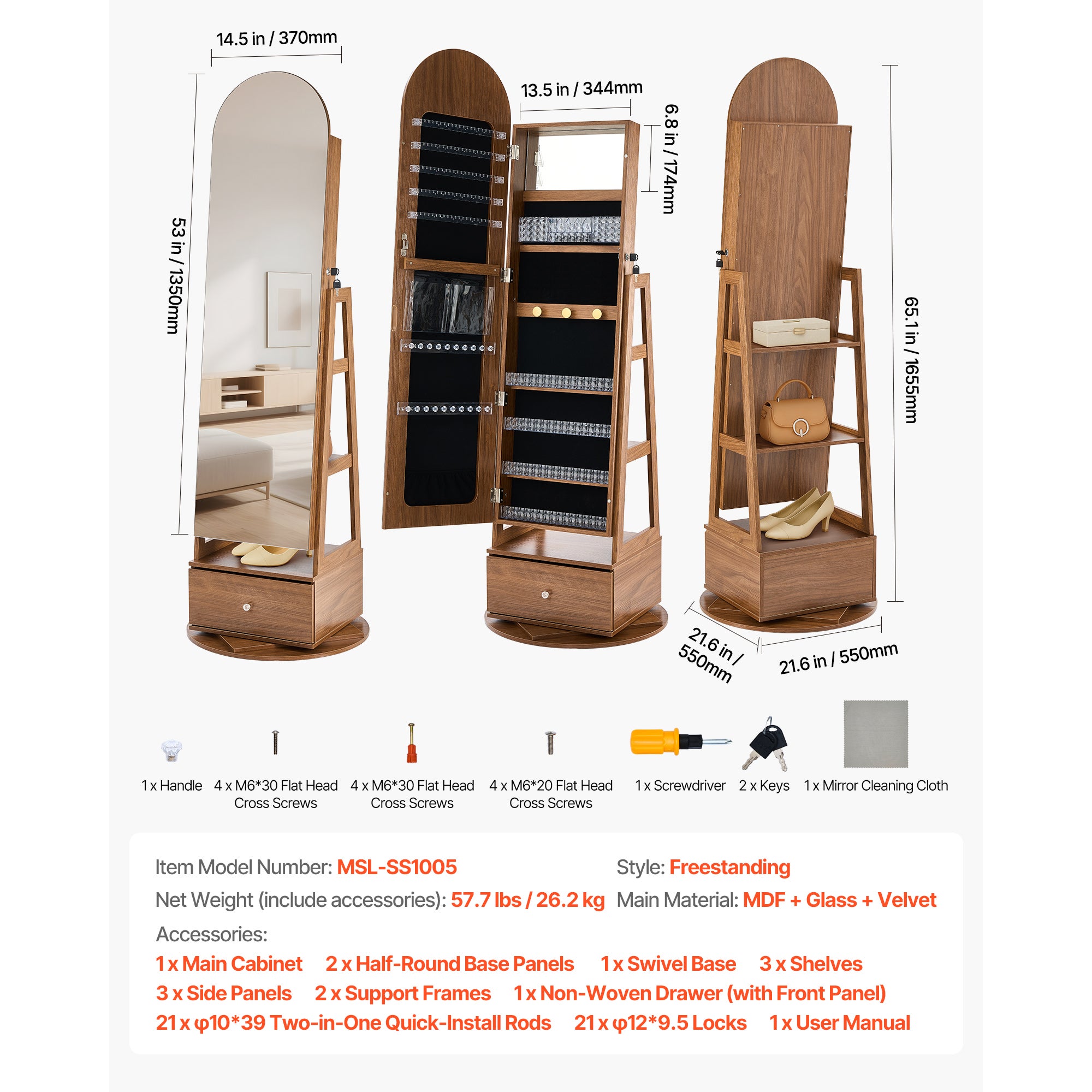 Armoire a bijoux SucceBuy rotative a 360°, meuble de rangement sur pied, 1650 mm, avec miroir integral, etageres pratiques,porte securisee avec 2 cles - 7