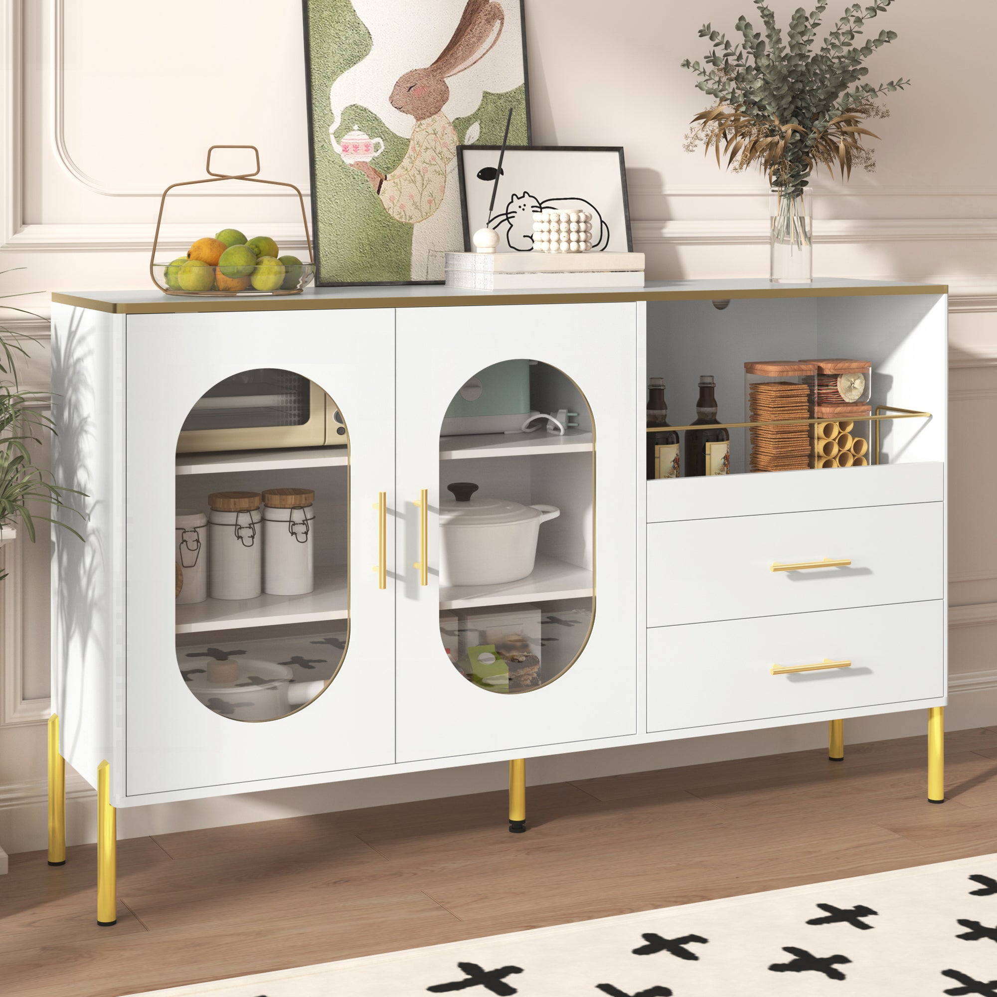Nowoczesna komoda 140x38x90cm - z 2 szufladami - z 2 szklanymi drzwiami - biała