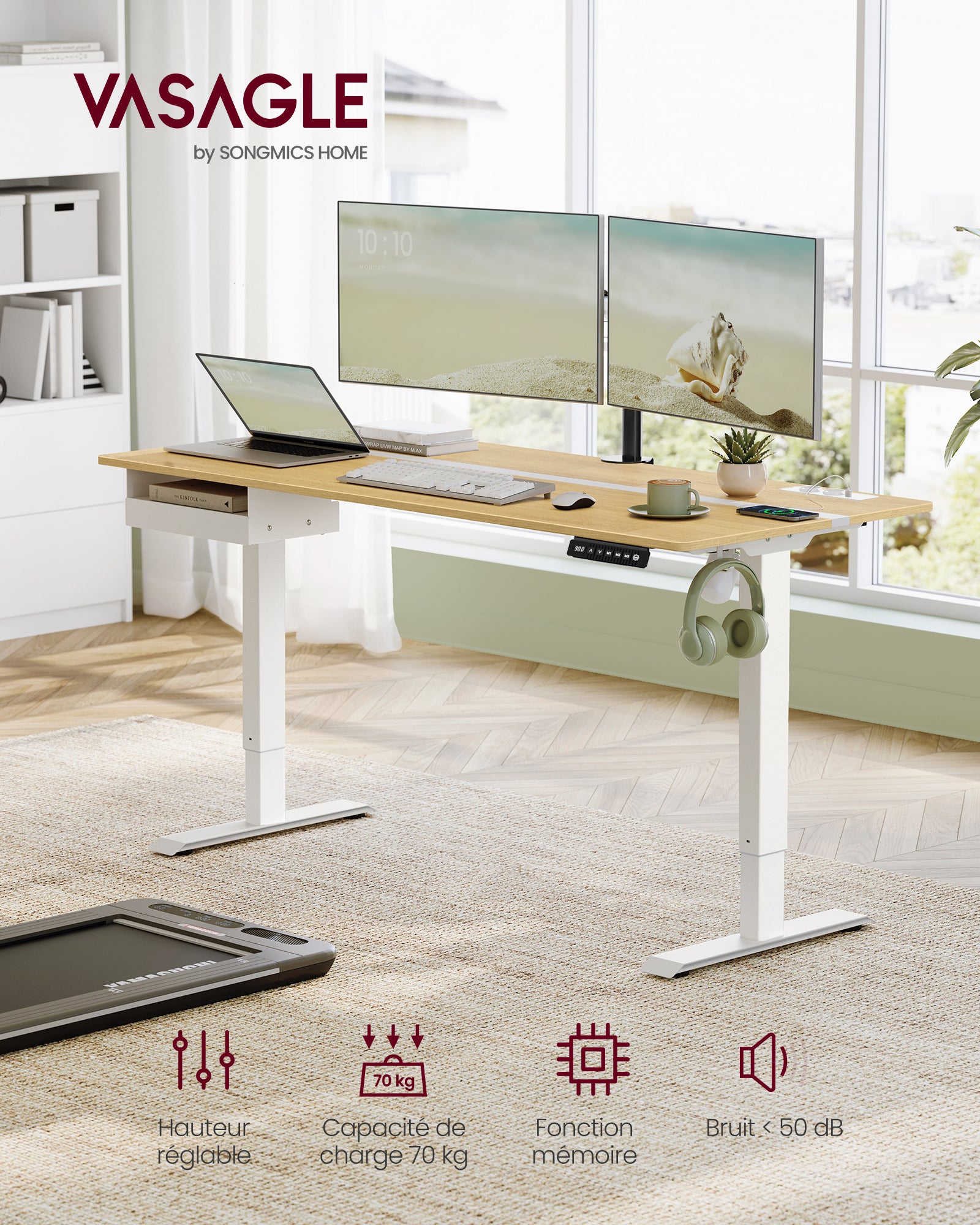 Bureau Électrique Réglable en Hauteur, Multiprise, Tiroir, 70 x 160 cm, Réglable en Continu, Couleur Chêne Naturel et Blanc Nuage - 2