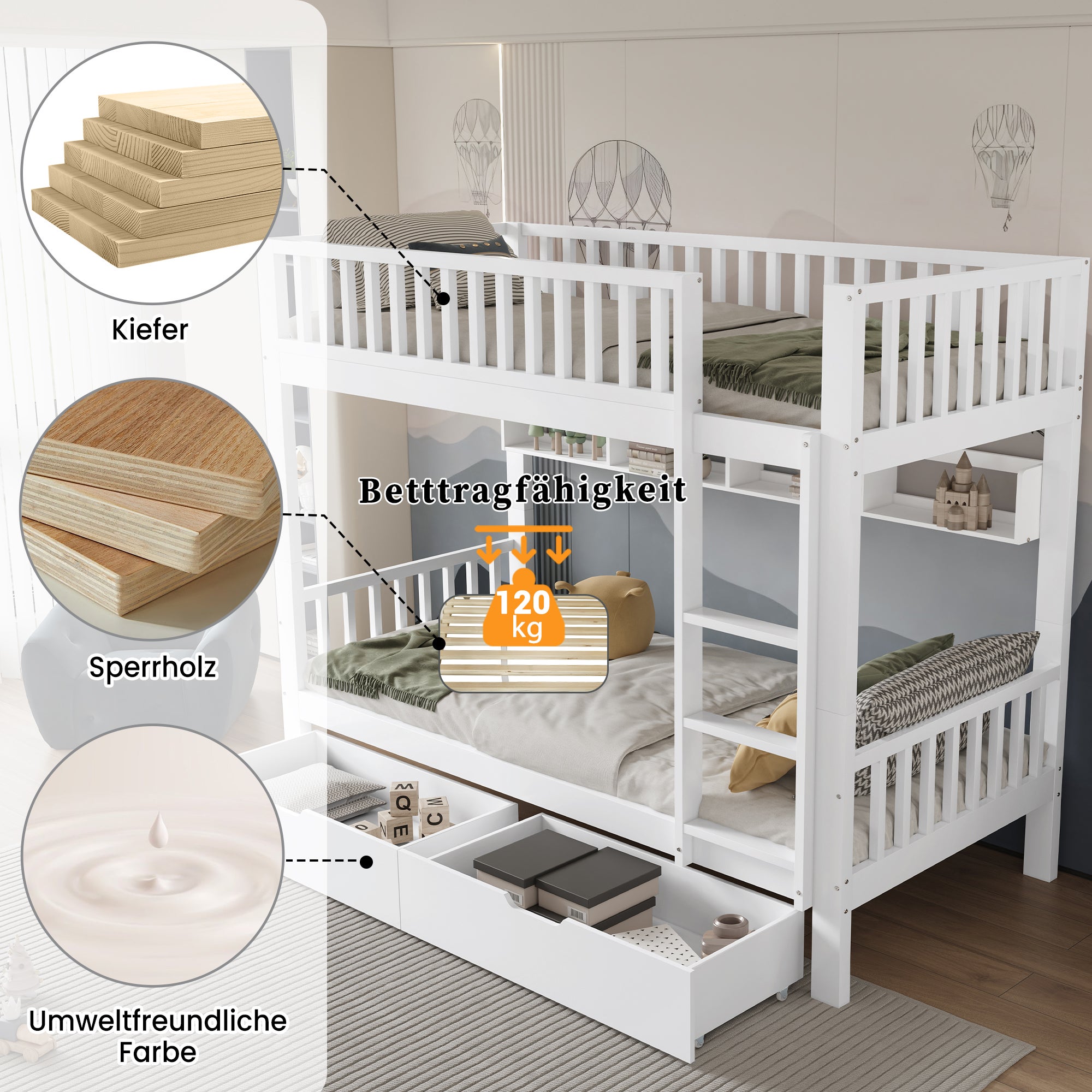 Lit superposés séparables 2 x 90 x 200 cm avec 2 tiroirs et étagères - Pin et MDF - Blanc (sans matelas) - 6