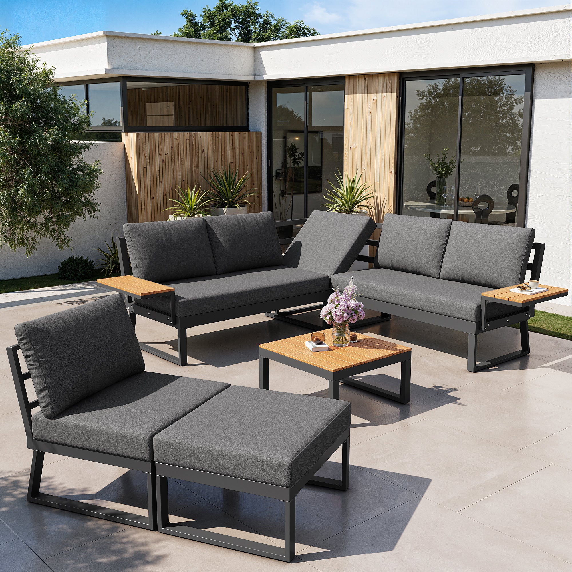 Salon de jardin inclinable en fer 7 places : 1 canapé d'angle 5 places + 1 fautueil + 1 tabouret + 1 table basse carrée - Gris - 8