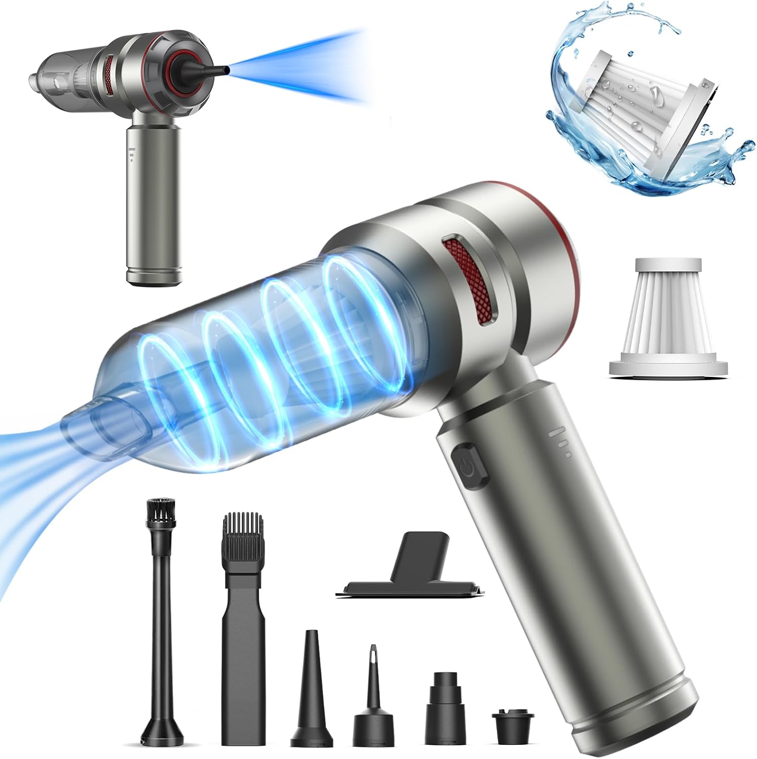 HANSILK Aspirateur à Main Sans Fil 25000PA Puissant Rechargeable Pour Voiture Maison Bureau Canapé Cuisine Poils D'Animaux Avec Fonction 4 En 1 Aspiration Soufflage Gonflage Extraction