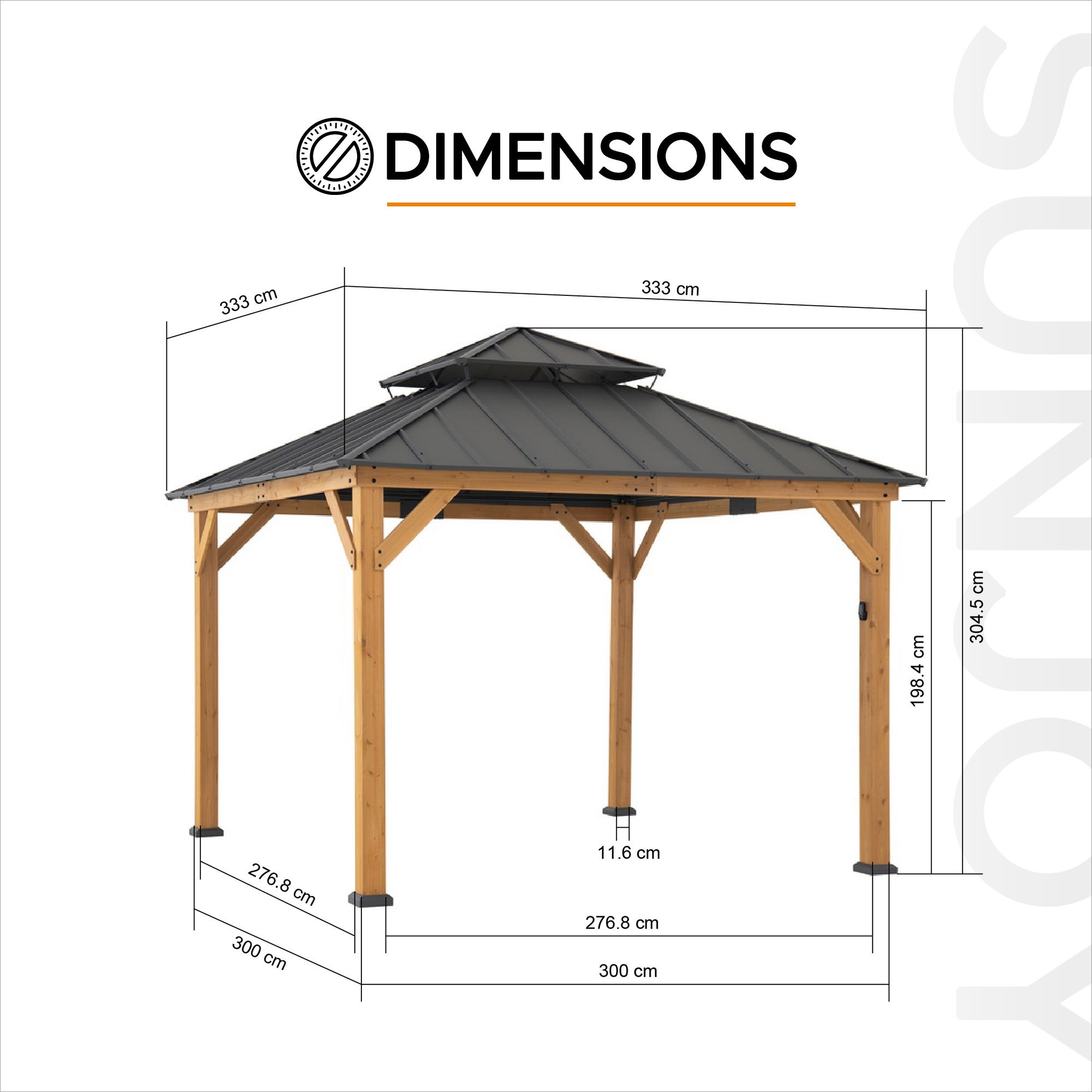 Gazebo en bois de cèdre KAPS avec panneau solaire - 330 cm x 330 cm, anthracite - 3