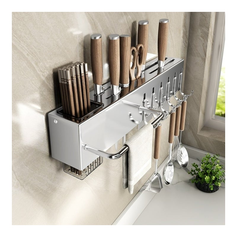 Uchwyt na noże kuchenne ze stali nierdzewnej, 6 metalowych haczyków, 40*6*6,7 cm