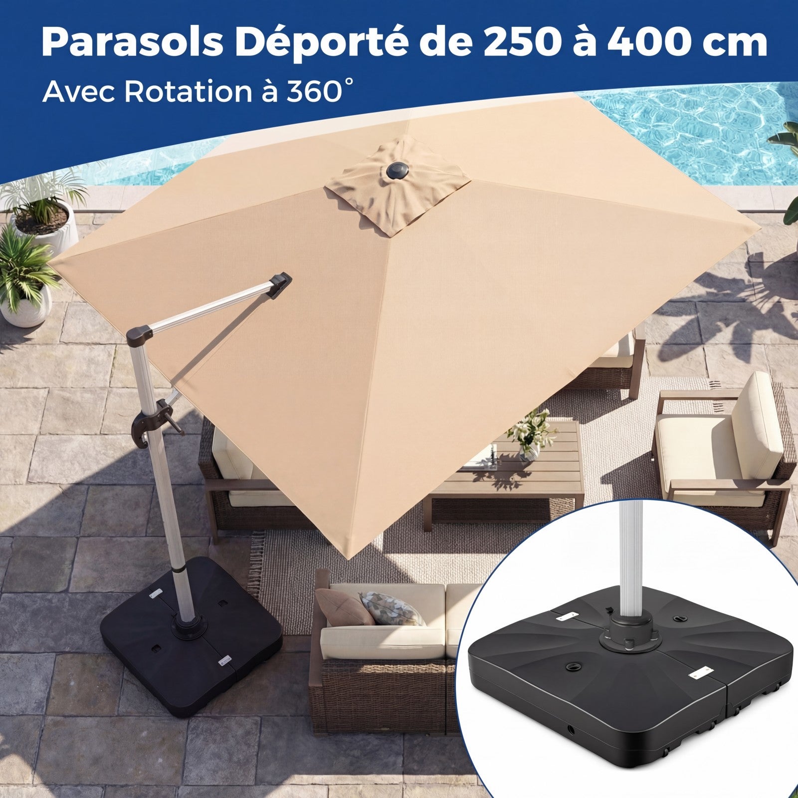 Pied de Parasol Extérieur 210KG avec Roulettes, Support de Parasol 105CM Décalé Robuste, Base Carrée Remplissable d'Eau&de Sable, Portable pour Jardin - 8