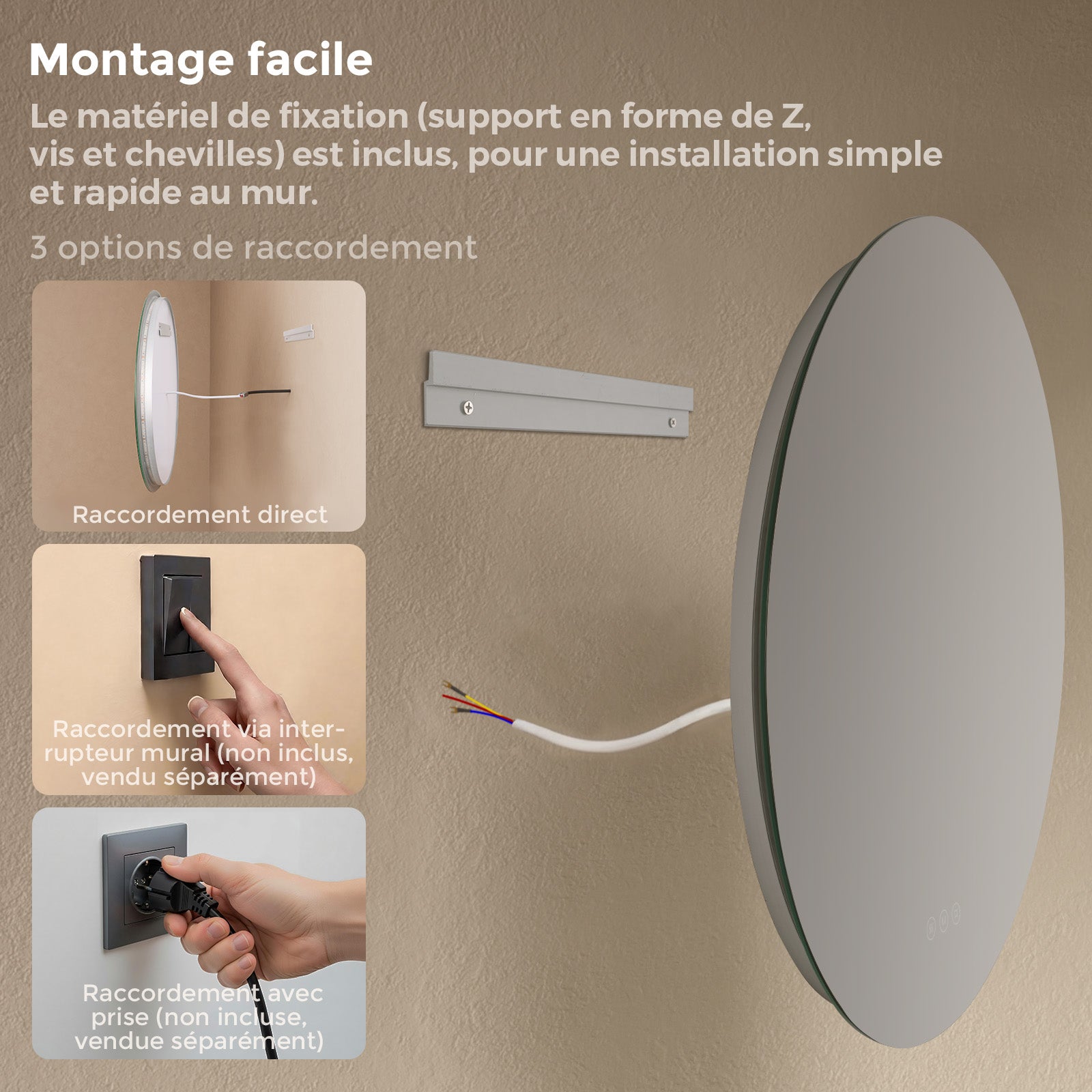 Miroir salle de bain lumineux rond 50 cm, miroir LED avec éclairage antibuée, variateur tactile, 3 couleurs, mémoire - 9