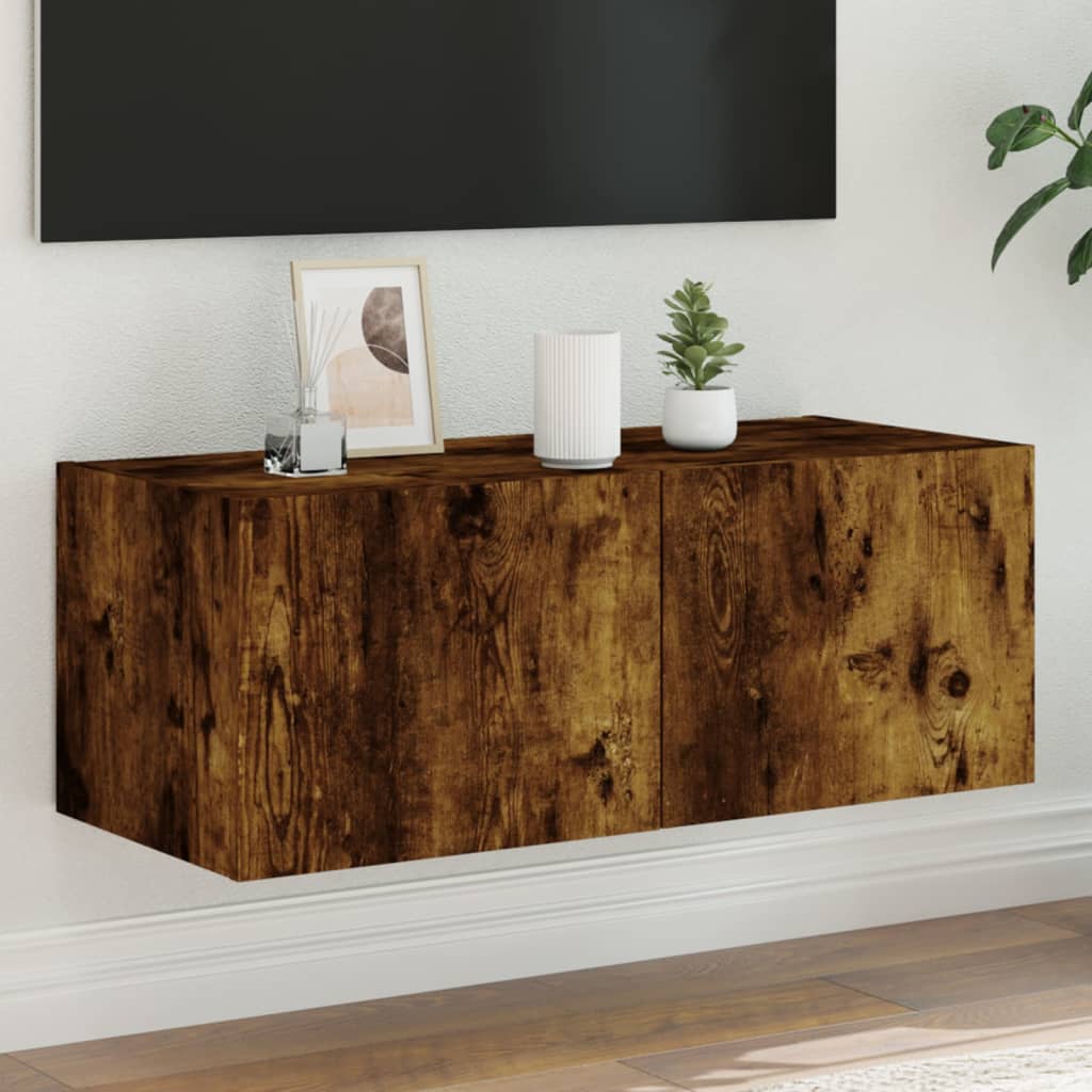 Mobile TV A Parete Con Luci LED Rovere Marrone 80x35x31 Cm - Pensile Con 2 Ante E Luci RGB