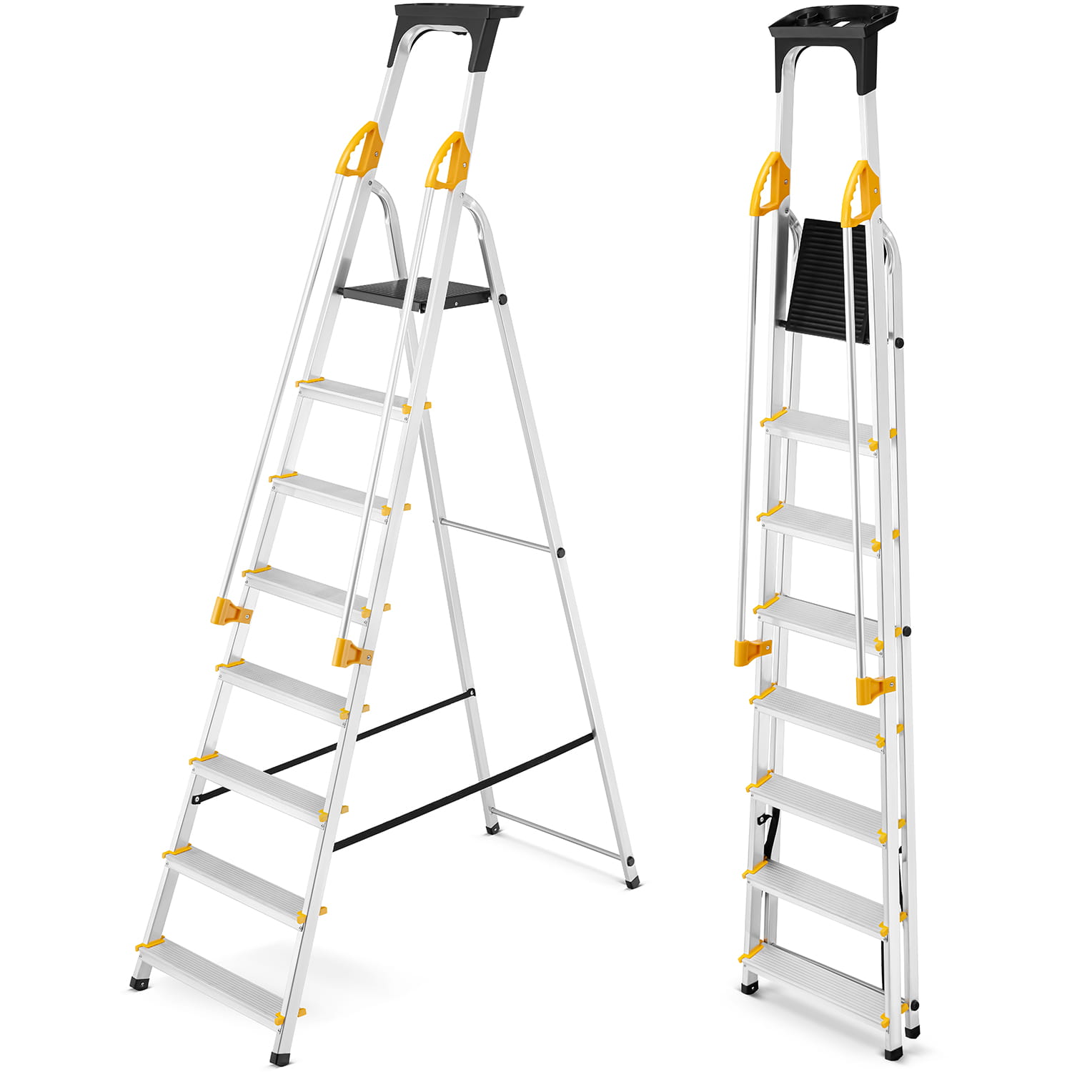 Drabina aluminiowa jednostronna 8 stopniowa z półką i poręczami 150kg