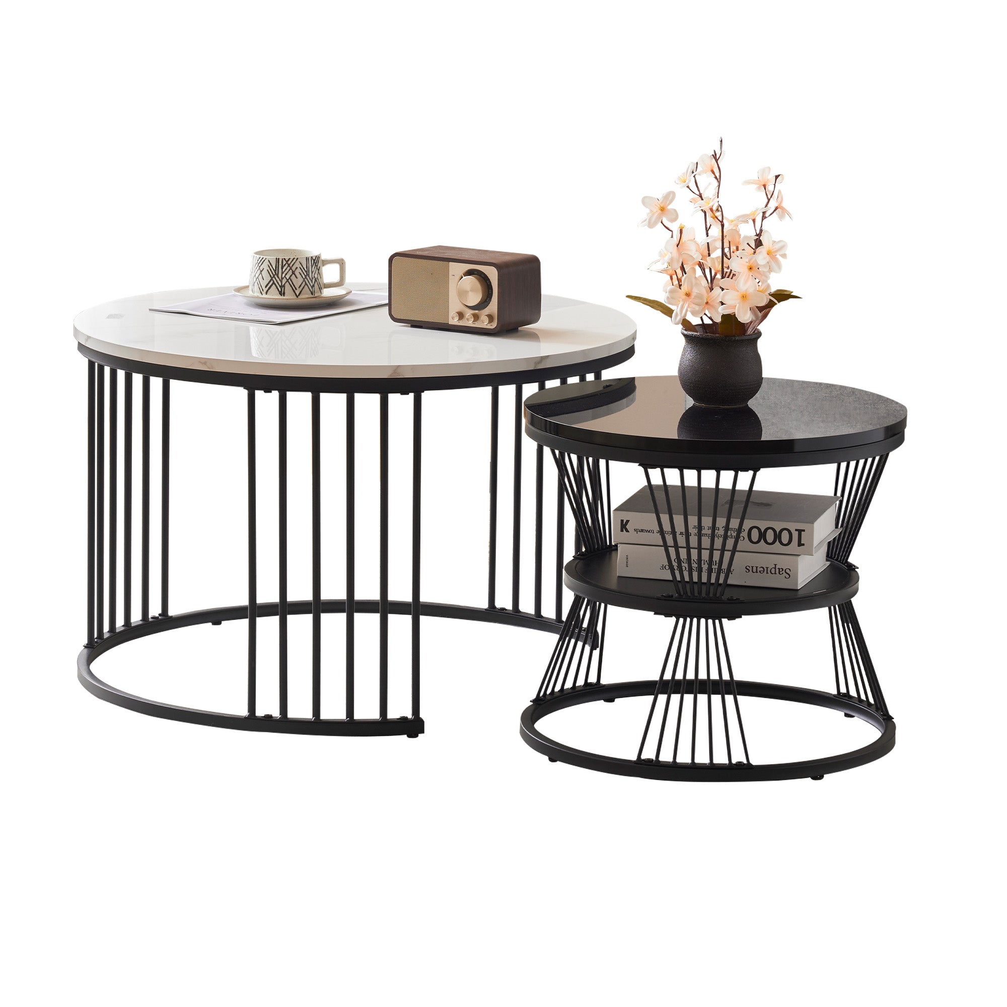 Zestaw 2 składanych stolików kawowych - MDF, drewno, nogi metalowe, blat z wzorem marmuru - czarno-biały - 8