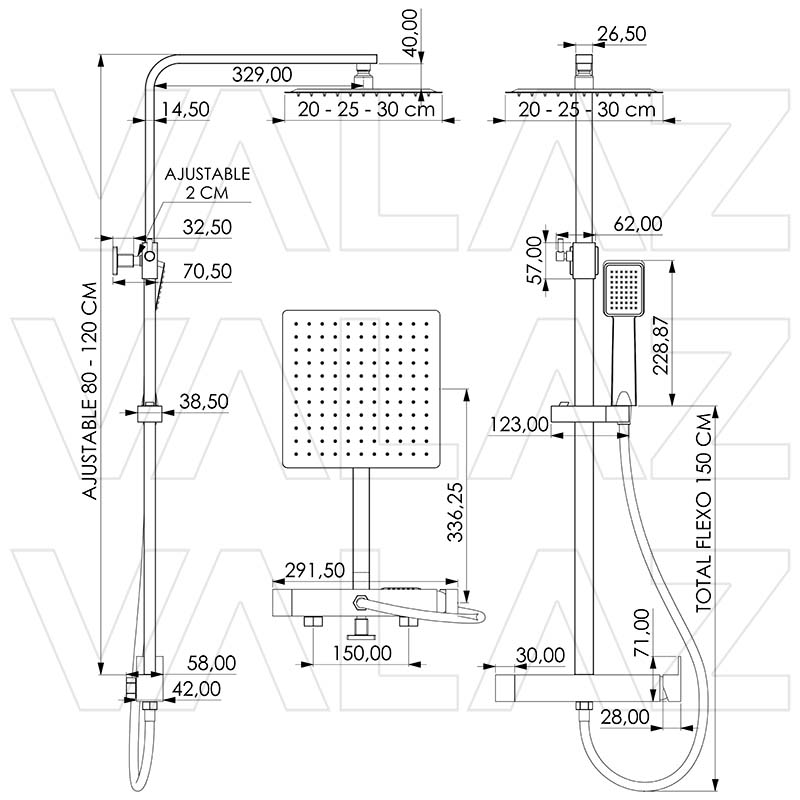 Valaz Barra de ducha monomando cuadrada ajustable hasta 120CM negro mate serie Segura - 20cm - 2