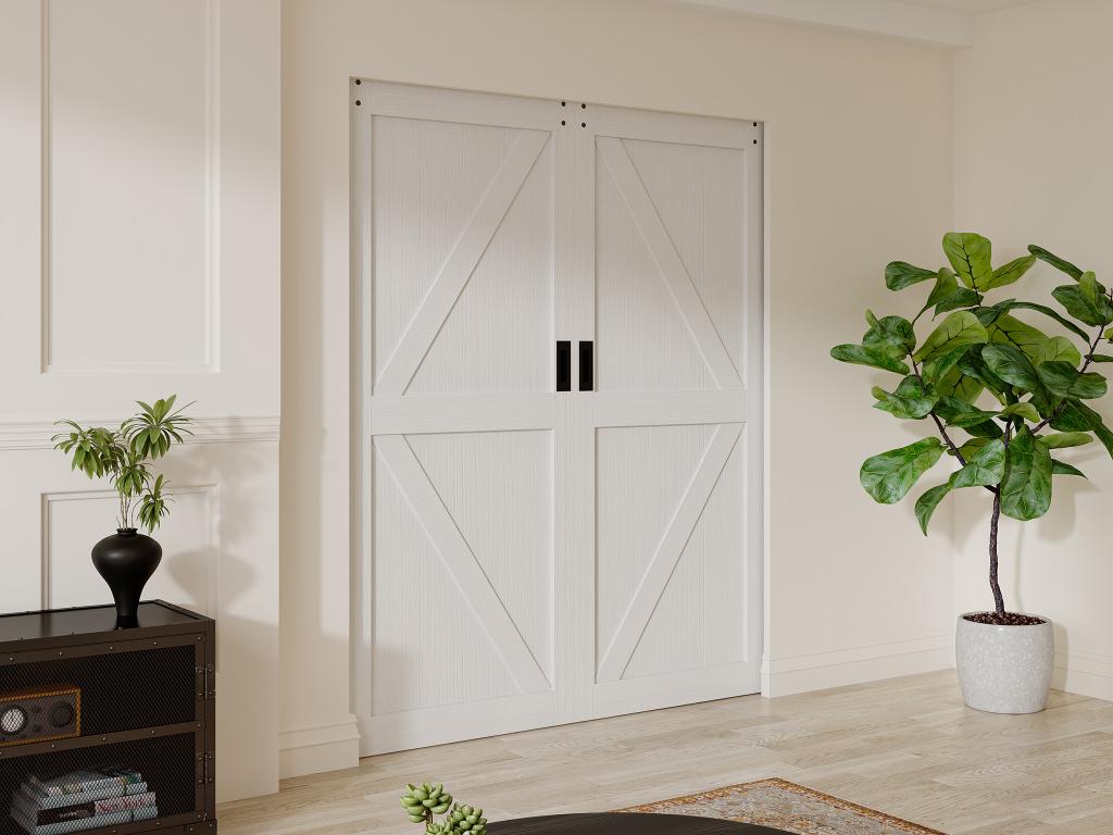 Drzwi przesuwne podwójne chowane w ścianie z drewna i MDF - biały - 2 x wys. 205 x szer. 83 cm - NEFARA