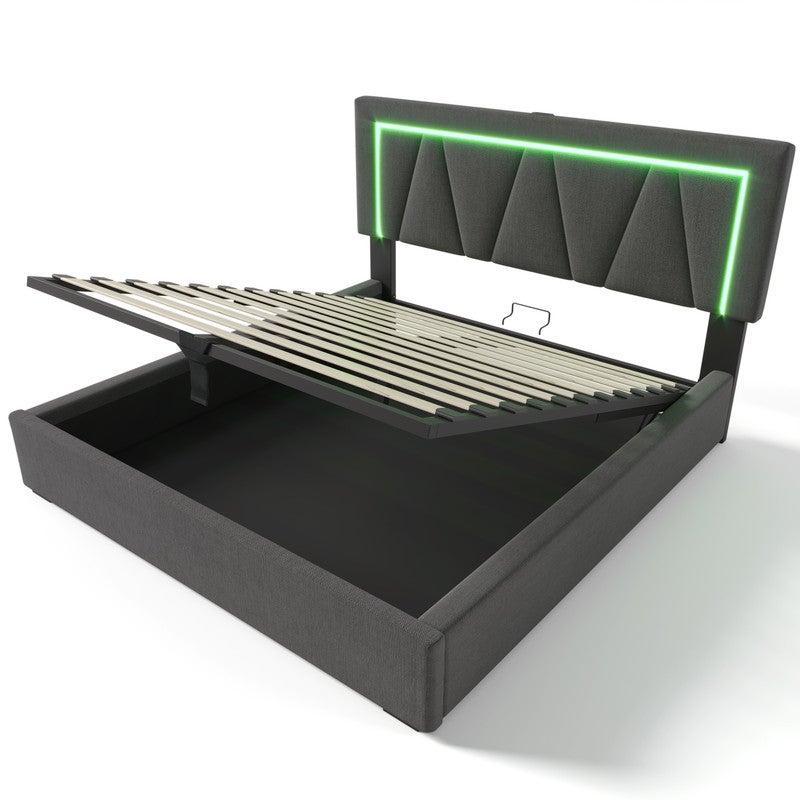Łóżko tapicerowane z pojemnikiem 160x200 cm z diodami LED oraz portami ładowania USB i typu C - Tkanina lniana - Stelaż z listew - Szary - 9