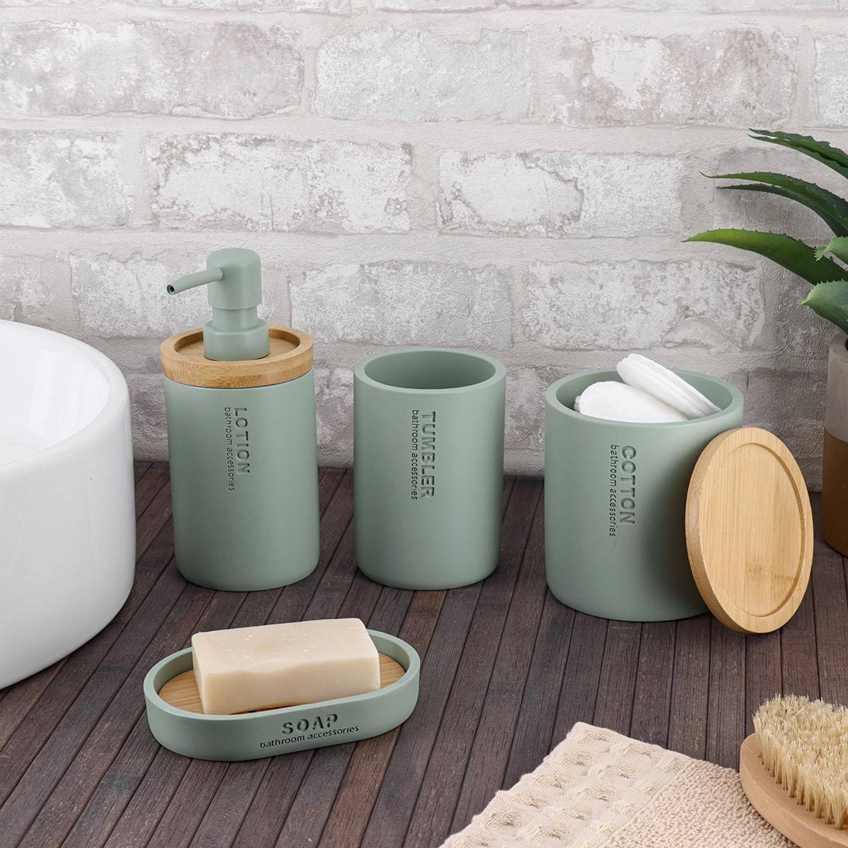 BOITE A COTON POLYRESINE COUVERCLE BAMBOU - VERT EUCALYPTUS/BAMBOU - Tendance - 5