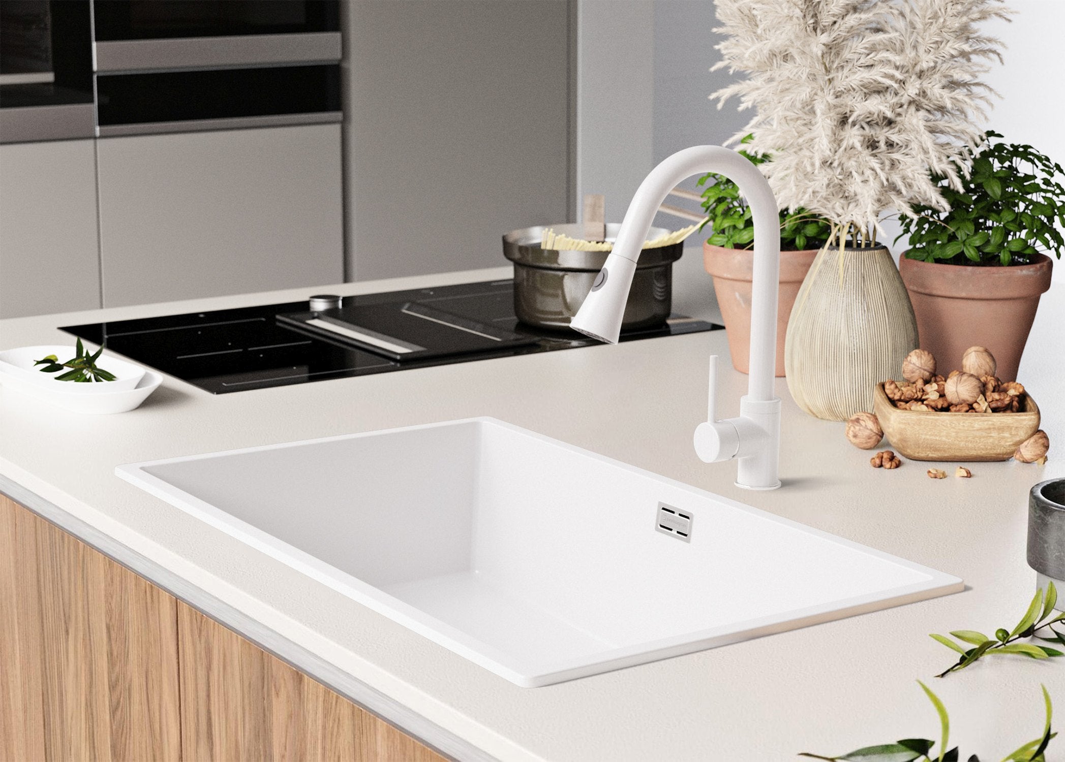 Lava-louça de pousar Branco 76x47cm, Pia de Cozinha 1 cuba + Kit de drenagem, Pia em Granito em armários de 80cm - Madrid PRIMAGRAN - 9