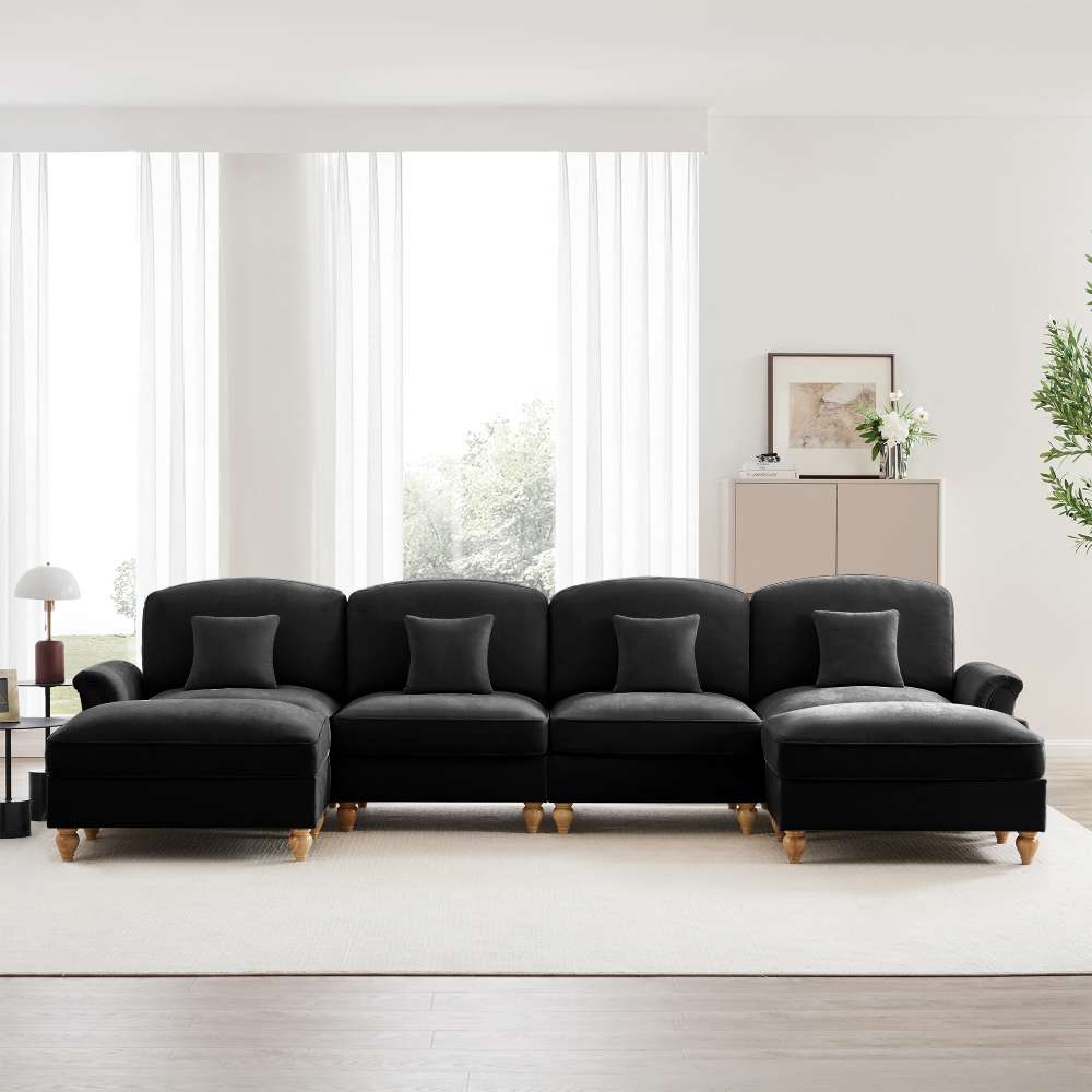 Divano modulare U 4 posti in chenille morbida con gonna removibile, braccioli a trombetta, gambe a spillo e pouf mobile –divano trasformabile 2 design - 6