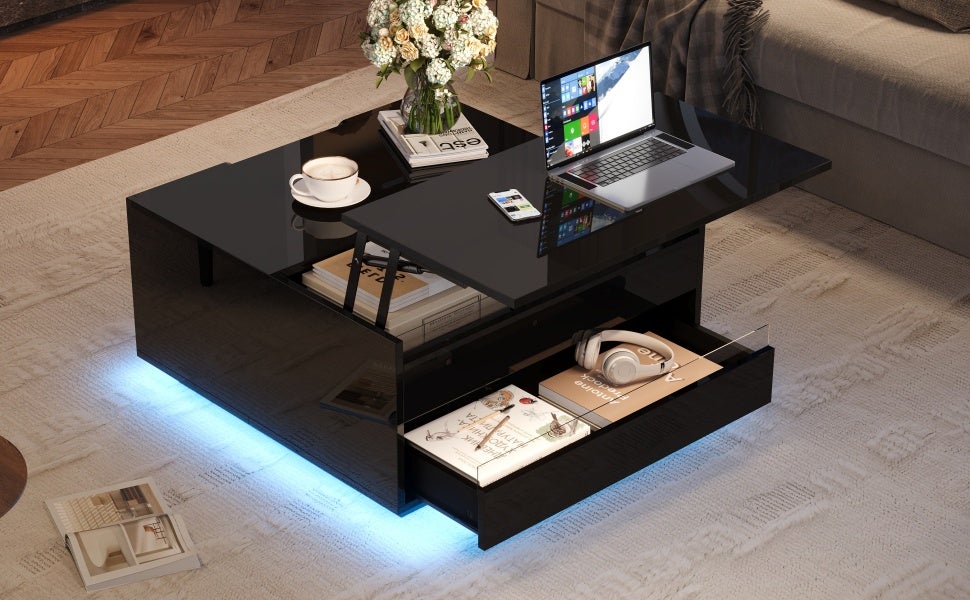 Table basse carrée avec plateau relevable et 1 tiroir - 70 x 70 x 38 cm - LEDs - Panneau de particules - Noir brillant - 5