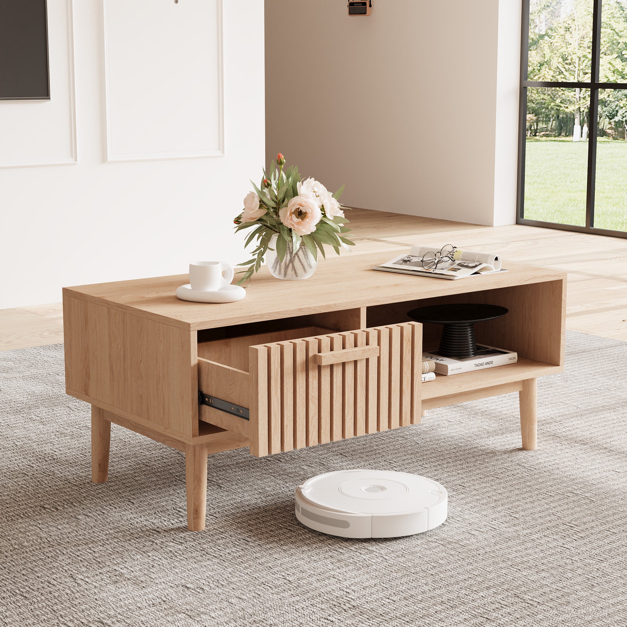 Table basse rectangulaire avec 1 tiroirs, finition bois, Antidérapant pieds en bois massif, poignées, L.100 x l.50 x H.43 cm, couleur bois naturel - 2