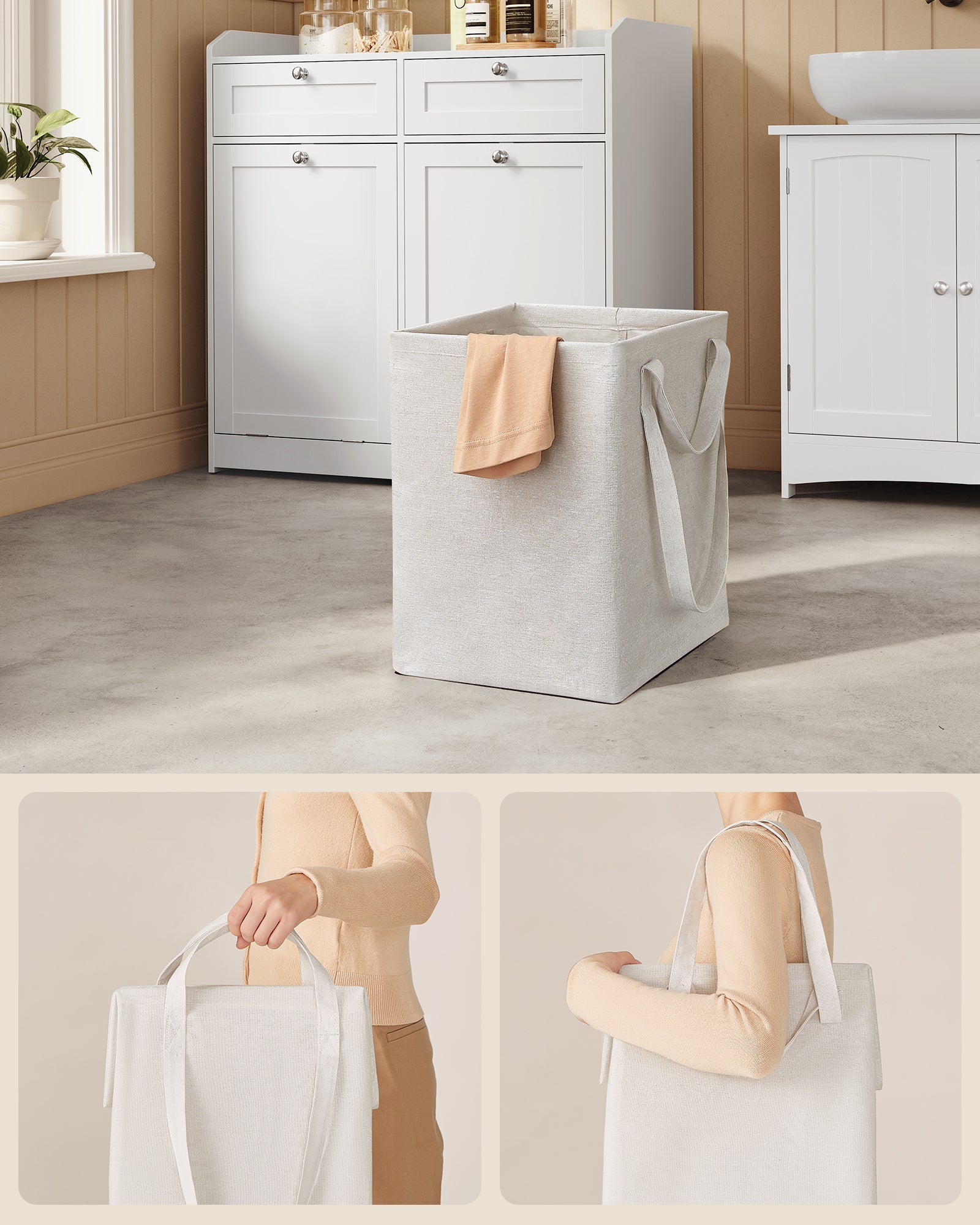Meuble de Salle de Bain, Panier à Linge, avec Sac Intérieur Amovible avec Poignées, 2 Tiroirs et 2 Paniers à Linge, 40 x 78,9 x 80,2 cm, Blanc Nuage - 4