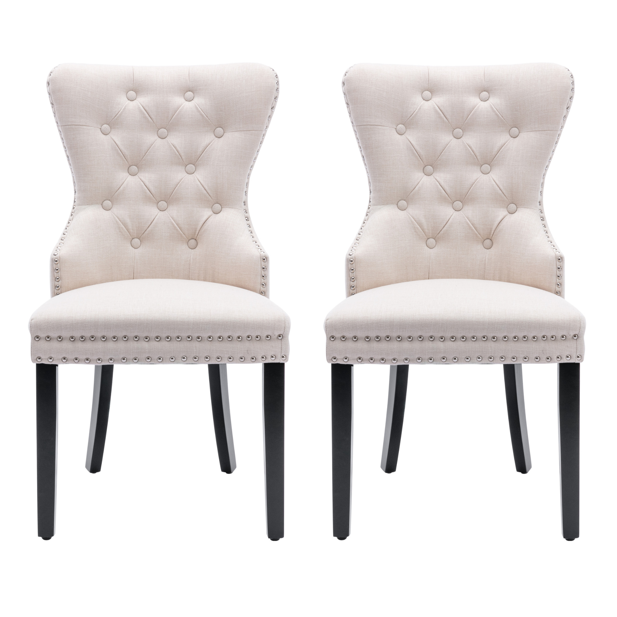 Set Di 2 Sedie Da Pranzo Imbottite In Lino Beige – Schienale Alto, Gambe In Legno Massello, Fino A 130 Kg