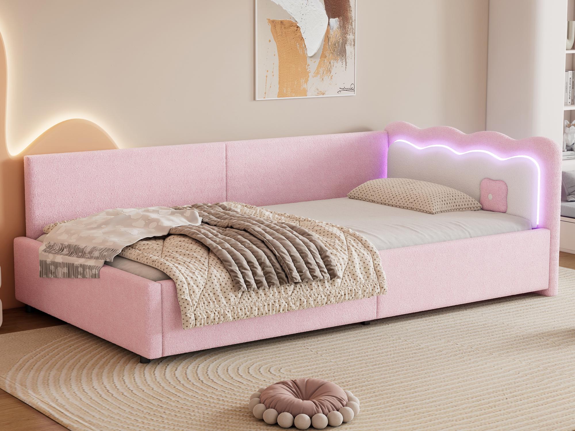 Łóżko pojedyncze 90x200cm z LED i listwową podstawą - różowe