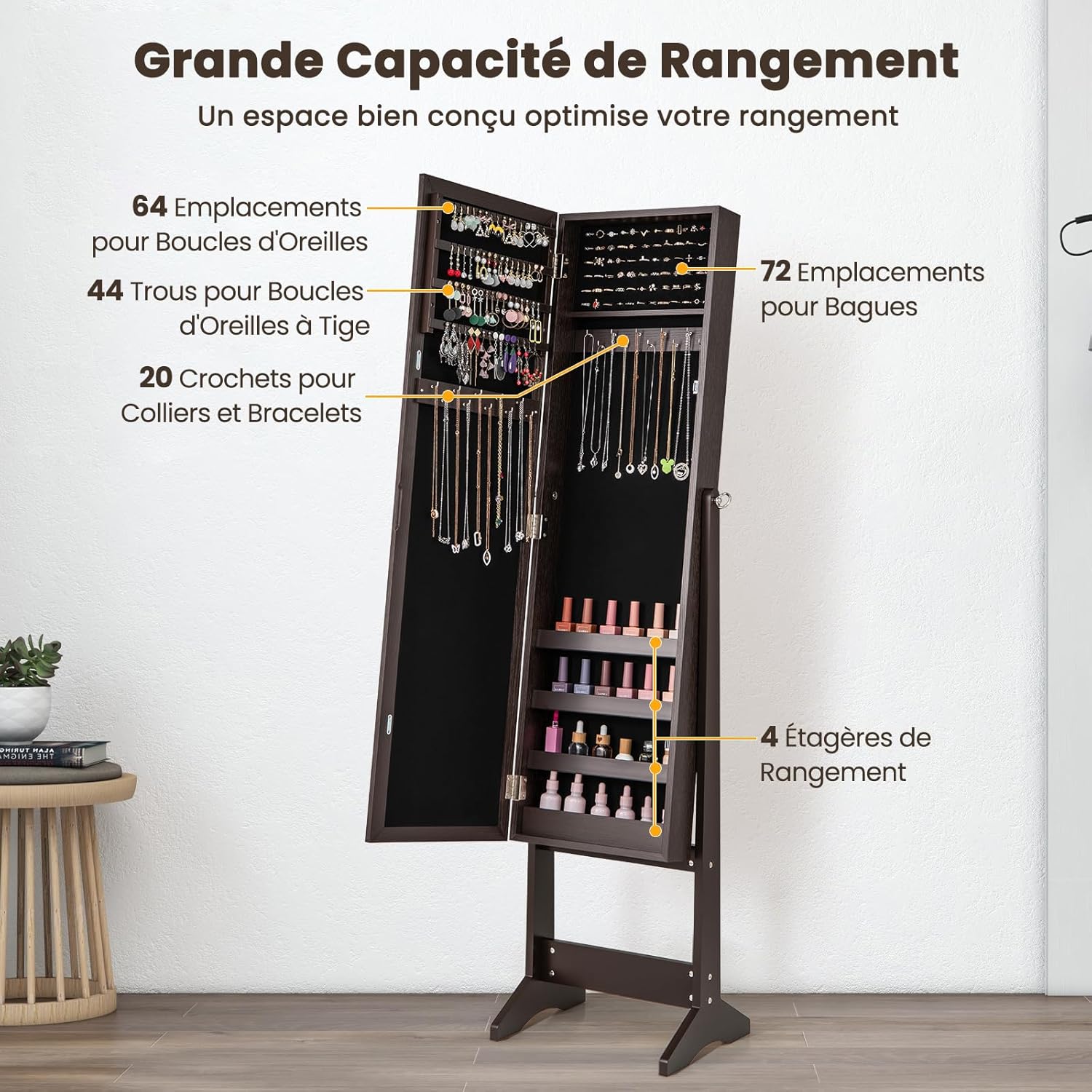 Armoire à Bijoux sur Pied avec Miroir Inclinable en 3 Positions, Armoire de Rangement Cosmétiques de Grande Capacité avec 4 Étagères(Marron) - 5