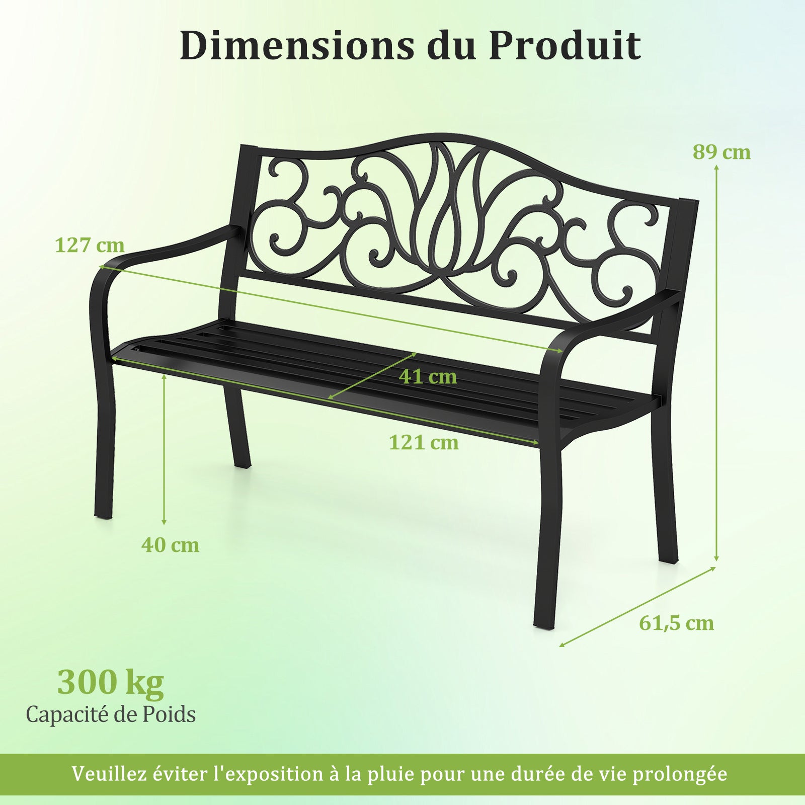 Banc de Jardin 127CM pour 2-3 Personnes, en Fonte avec Dossier à Motif Floral et Siège à Lattes, Banc de Patio avec Accoudoirs, Noir - 2