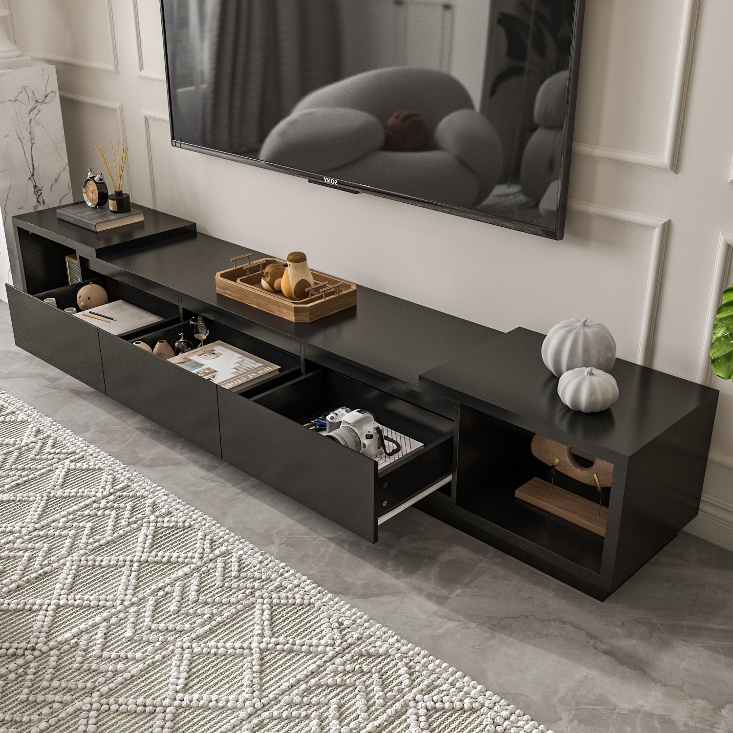 Meuble TV extensible 166-270 cm avec 3 tiroirs et 2 compartiments pour salon, noir - 3