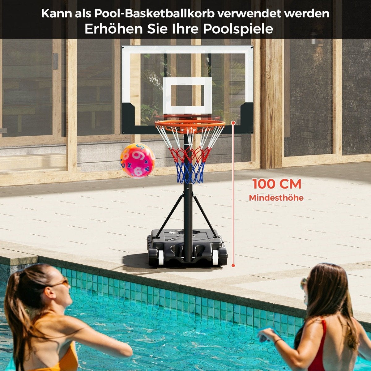 Panier basket sur pied hauteur réglable 213-243 cm base lestage roulettes panneau arrière robuste noir