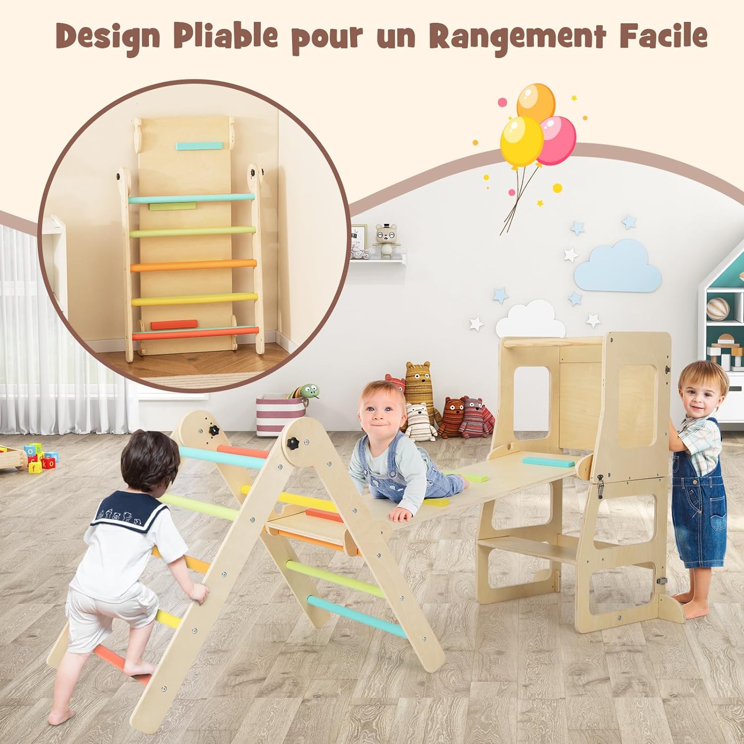 7 en 1 Triangle d'escalade Montessori avec Rampe Réversible, en Bois avec Tableau Noir, Table et Chaise, Charge 60kg (Multicolore) - 6