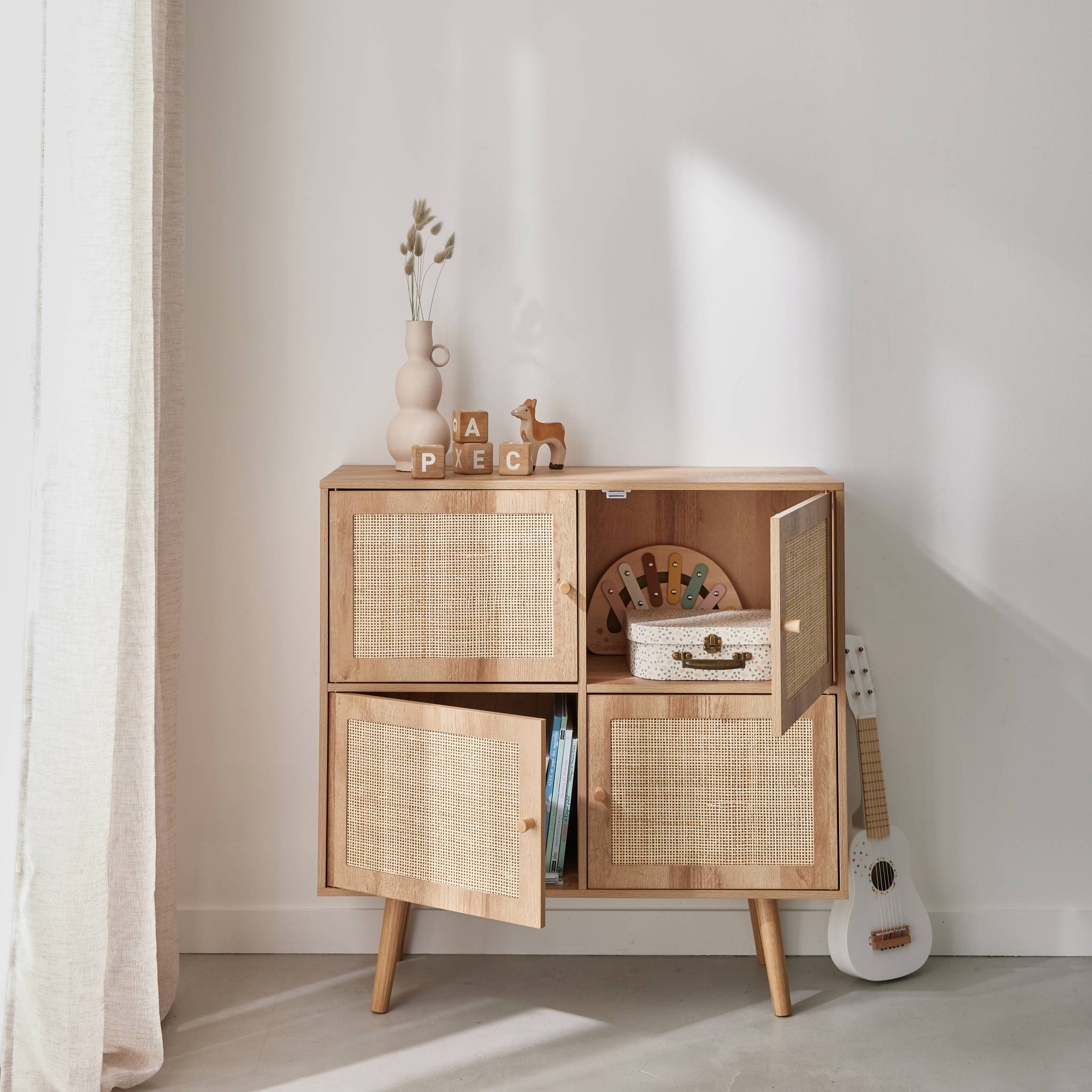 Commode enfant décor bois 4 portes en cannage BOHÈME - 3
