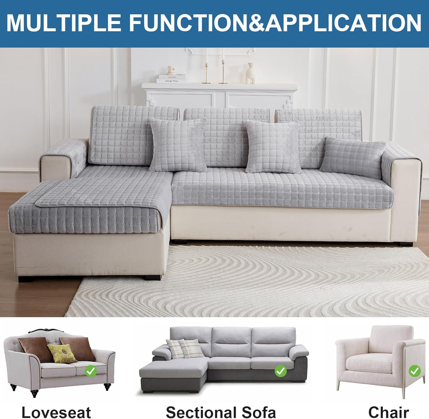 (Grigio chiaro, 70×150 cm 1 pz) Copridivano in flanella, copridivano angolare, 3 posti antiscivolo per protezione a forma di L - 3