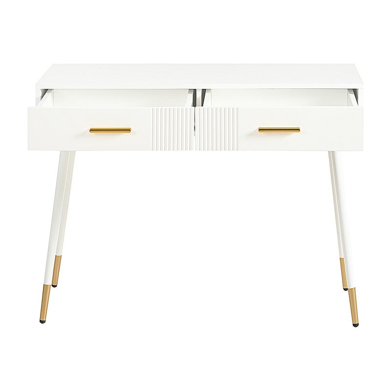 Coiffeuse moderne avec 2 tiroirs,L100×W40×H76cm,Table de maquillage,Pieds de table en métal,Convient pour la chambre,Blanc(sans tabouret) - 4