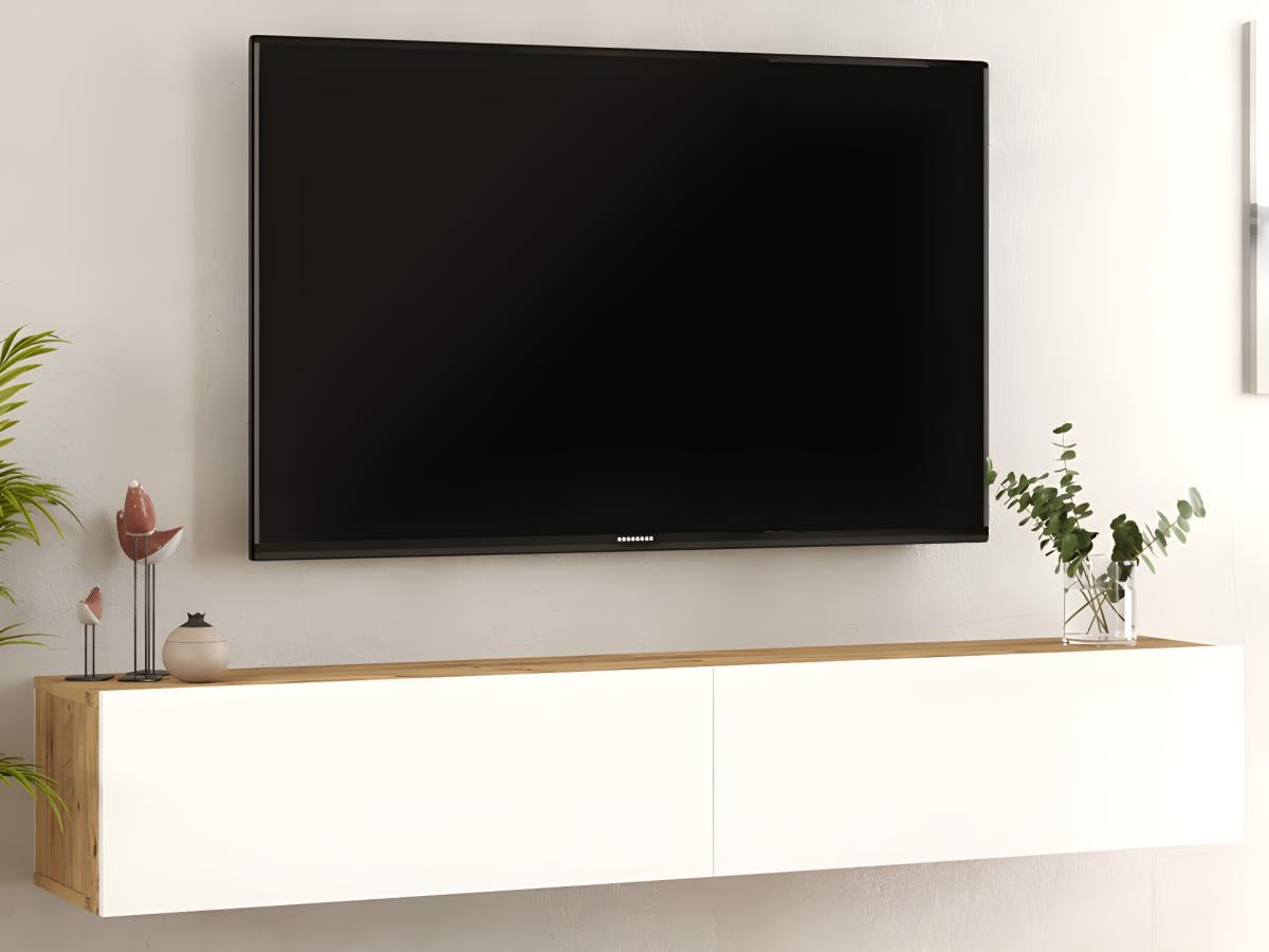Meuble TV 2 portes battantes Wafo 180cm Bois Naturel et Blanc - 7