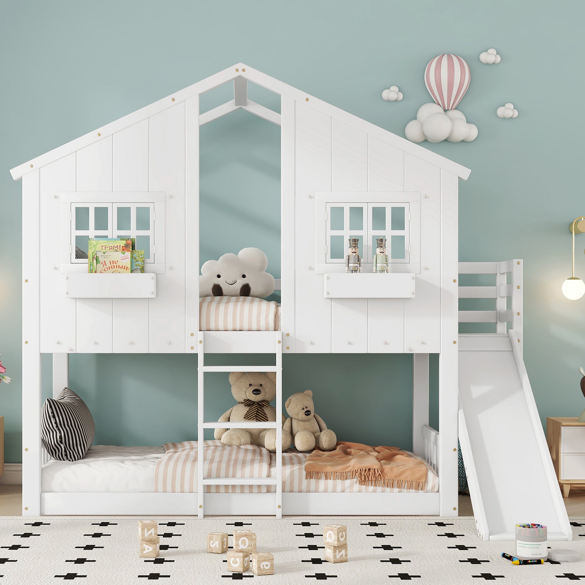 Lit Superposé Enfant avec Toboggan, Toit et Fenêtres, Barrière de ...