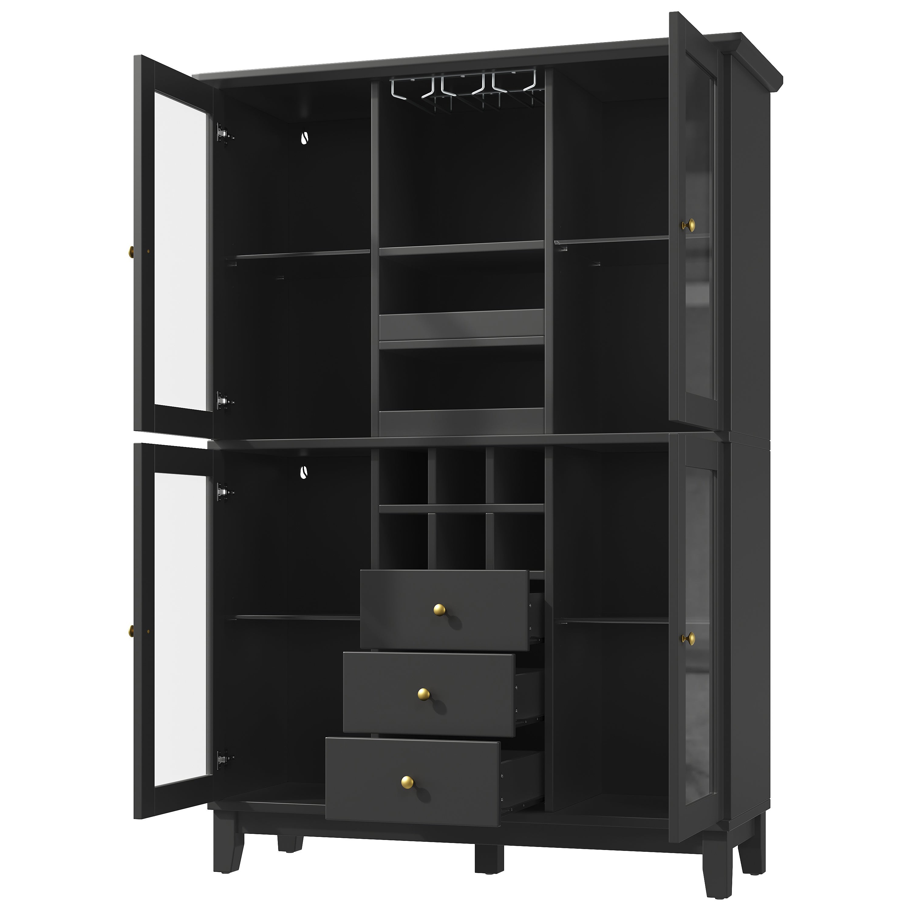 Witryna z 3 szufladami, półką na butelki i 4 drzwiami, komoda - LED - 120 x 40 x 180,5 cm - Płyta MDF, metal i szkło - Kolor czarny - 9