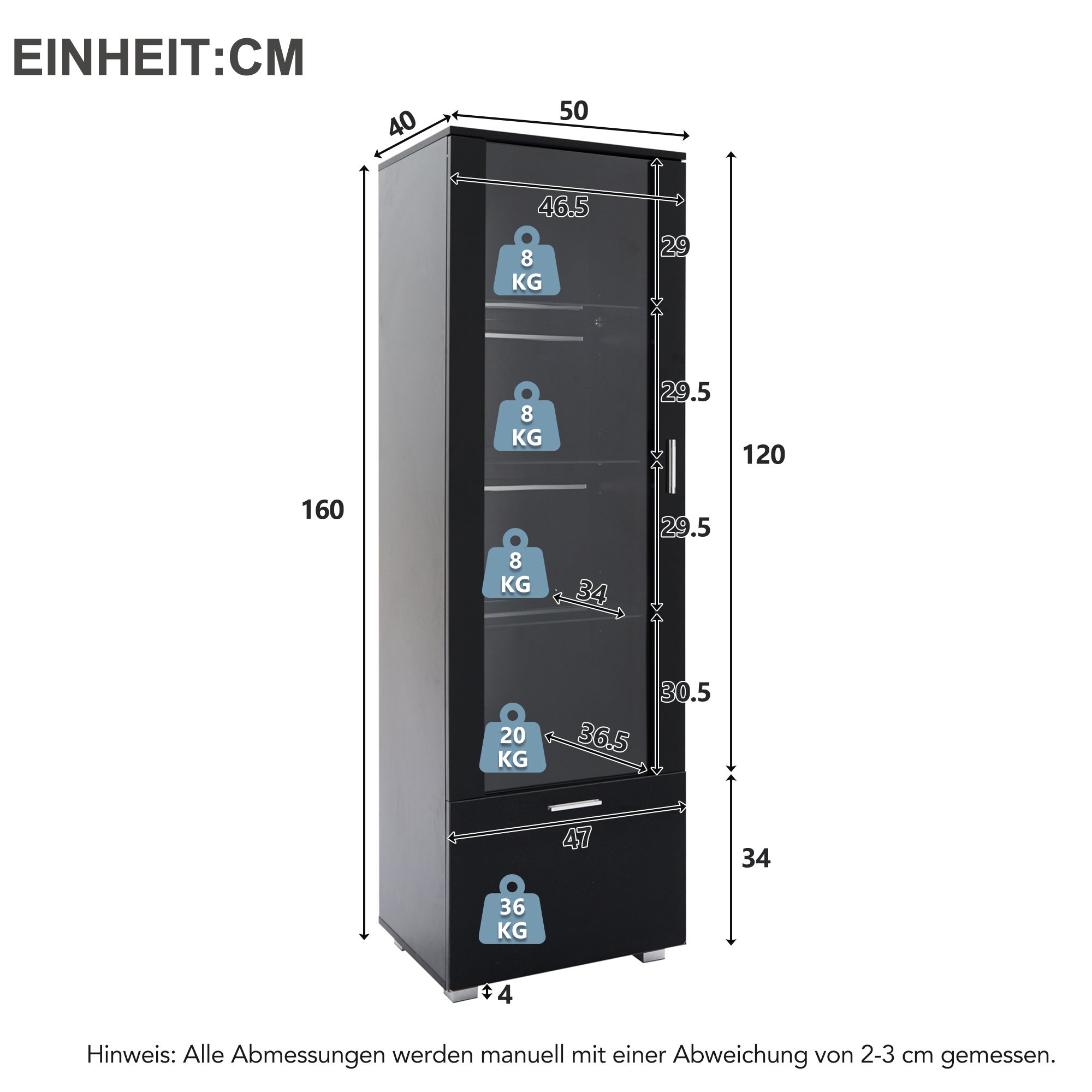 Vetrina con 1 anta e 1 cassetto - 45 x 35 x 160 cm - LED - Ripiano in vetro - Pannello truciolare - Nero lucido - 8