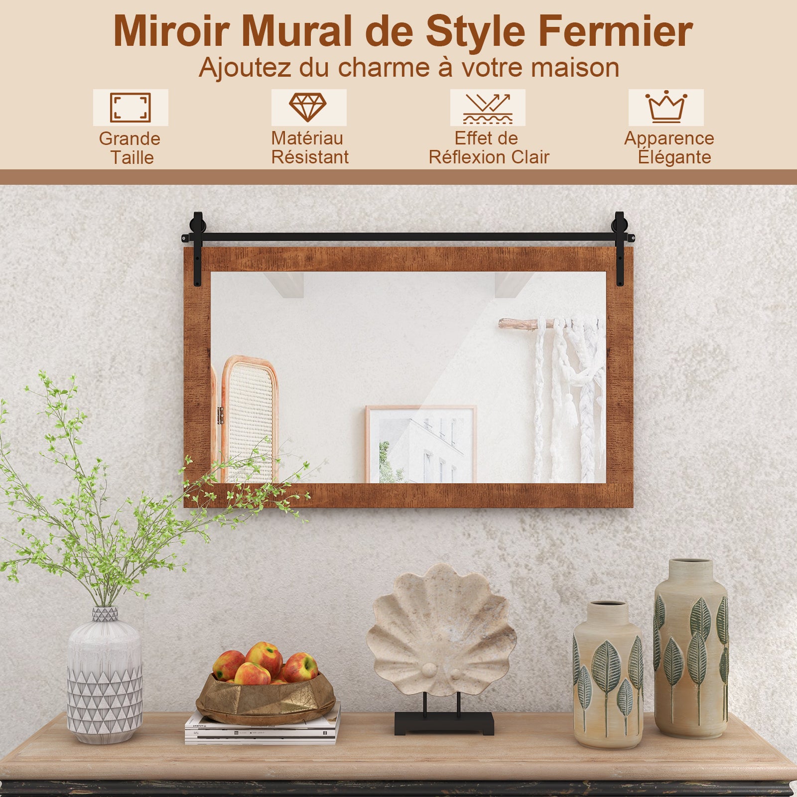 Miroir Mural Rectangulaire 100 X 66CM, Cadre en Bois Massif, Style Porte de Grange, Support en Métal, Réflexion HD, Grand Miroir Mural Rustique,Marron - 7