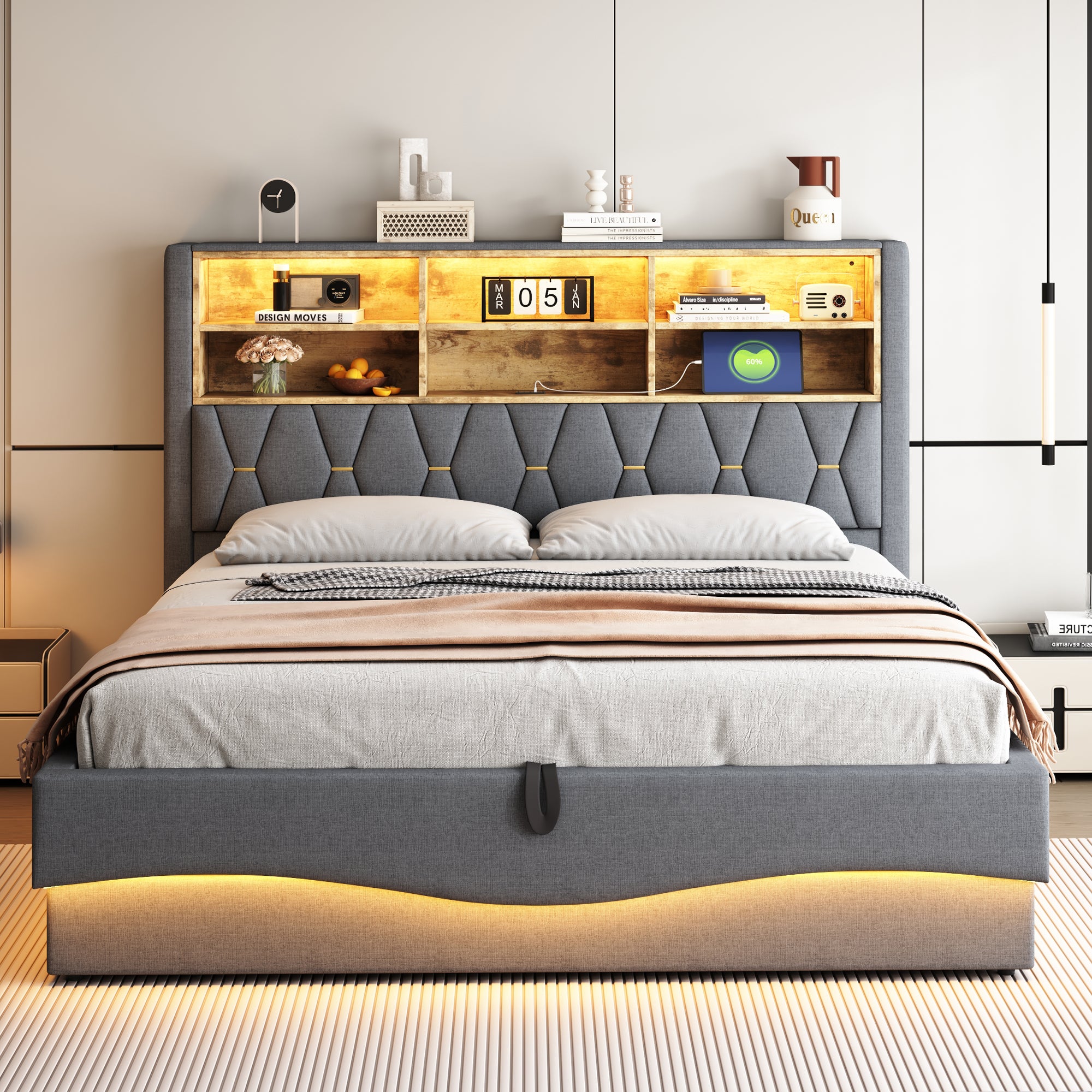Cama baúl infantil 180x200 cm - con tira de luces LED - con puerto de carga USB - lino - gris (sin colchón) - 3